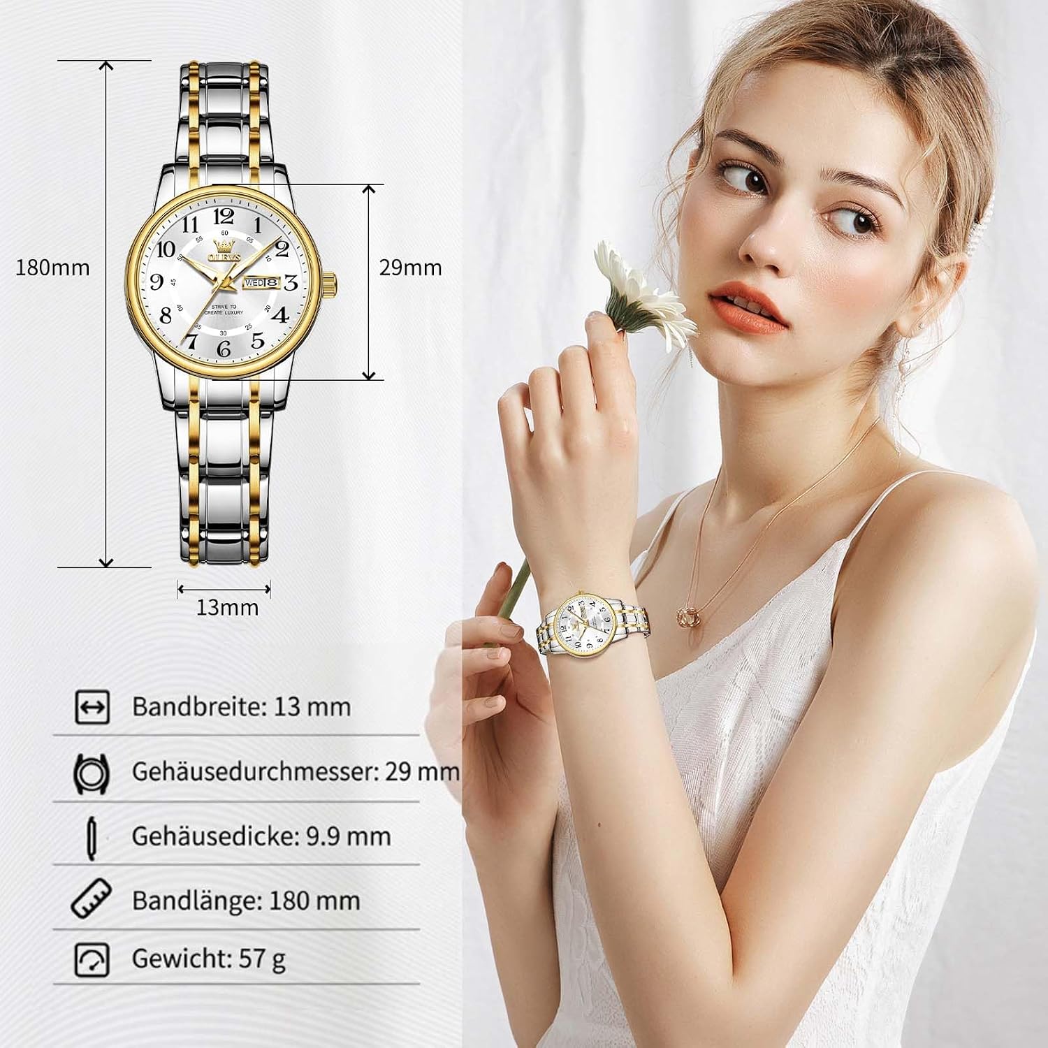 Detalle de OLEVS Damenuhr Edelstahl Quarz – Wasserdicht 3ATM, Datumfenster, Silber/Gold