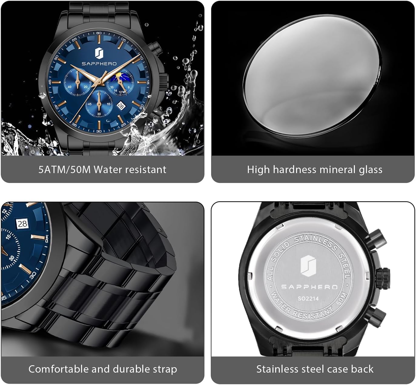 Detalle de BENYAR Montre Homme Chronographe Étanche avec Calendrier — Bracelet Cuir/Acier Inoxydable
