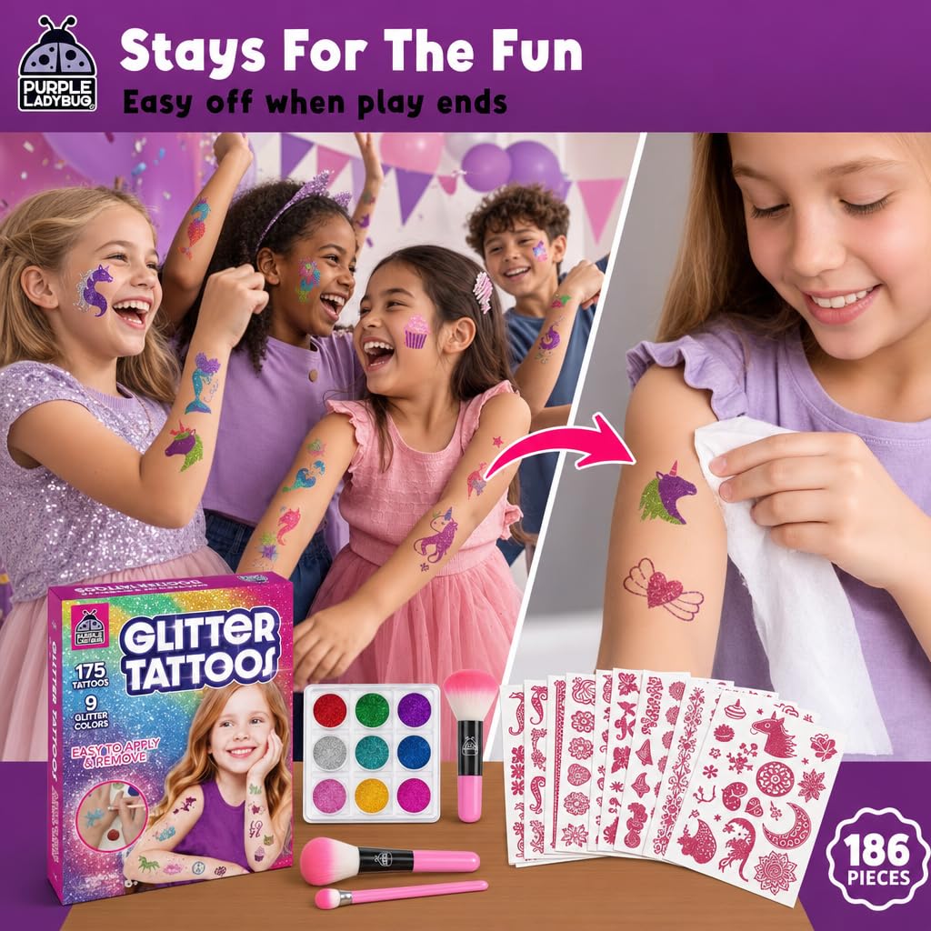 Thumbnail 6 de Purple Ladybug 175-Piece Temporary Glitter Tattoos Kit for Kids (Ages 6–12)