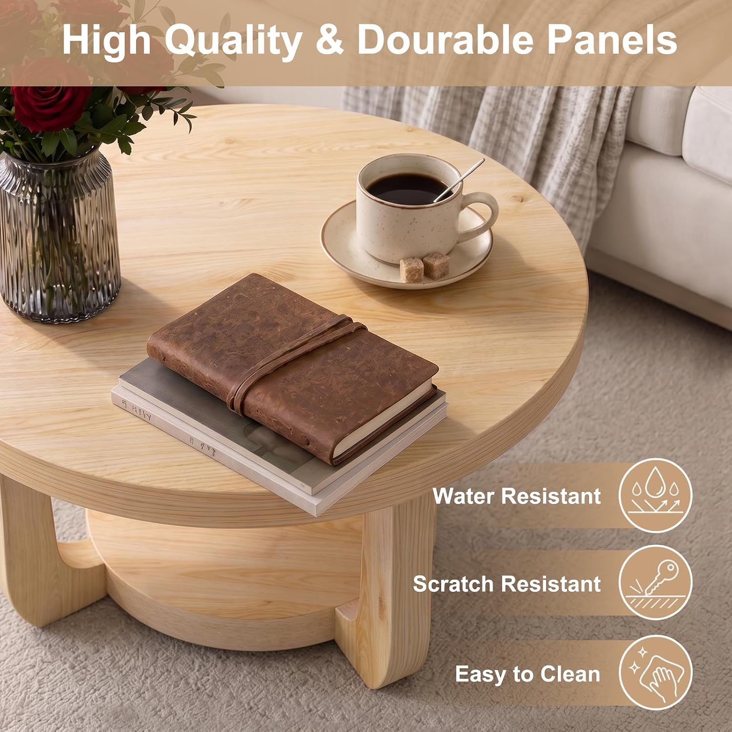 Detalle 2 de BEROXII Round Coffee Table, 2-Tier Storage, Nature Finish