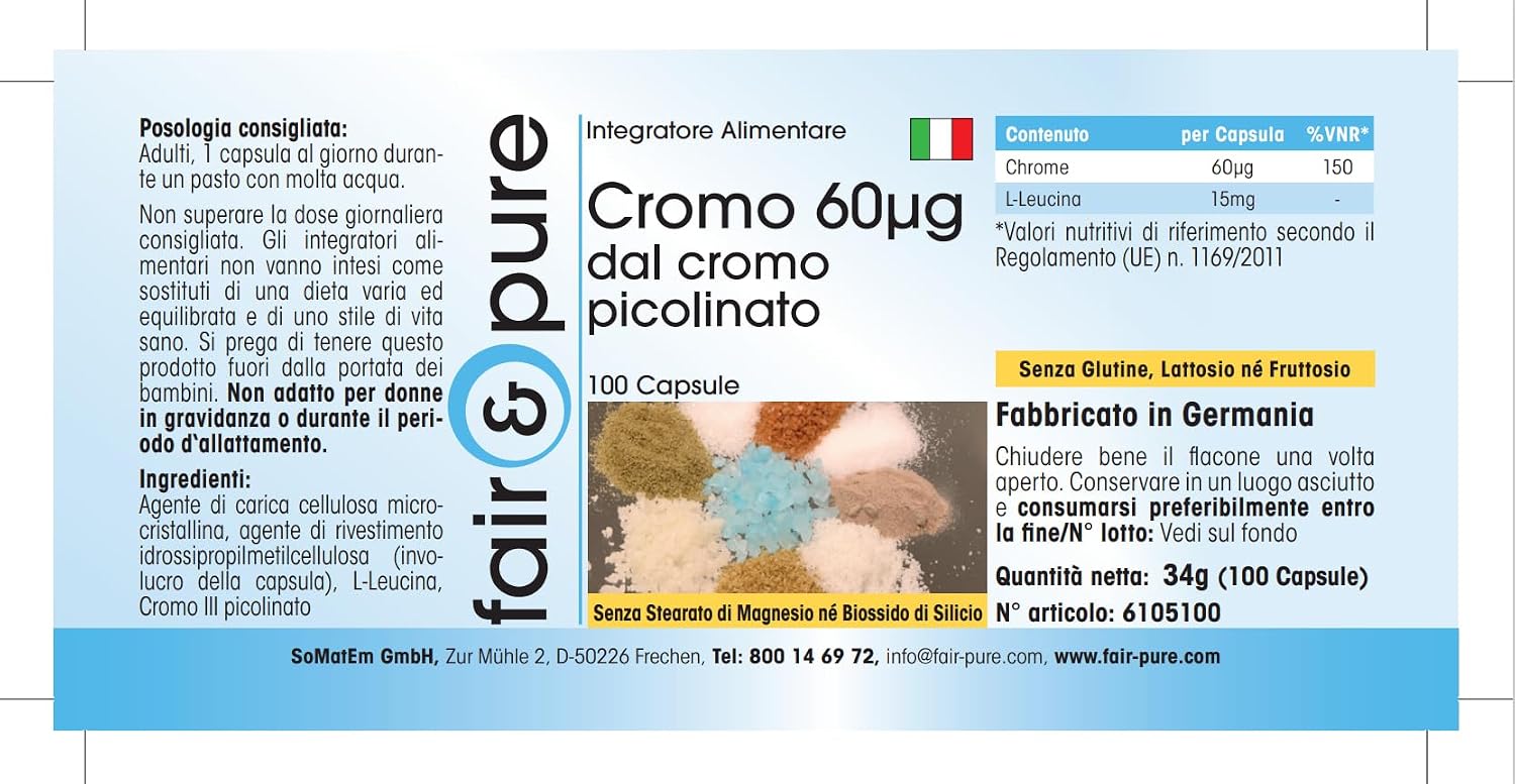 Detalle 2 de Fair & Pure Chrom 60 µg aus Chrompicolinat – 100 Kapseln, vegan, schluckfreundlich, hergestellt in Deutschland
