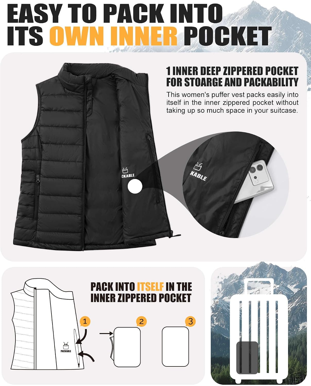 Thumbnail 2 de Outdoor Ventures Damen Steppweste packbar mit Stehkragen – leichte Hybrid-Übergangsweste fürs Wandern & Rad