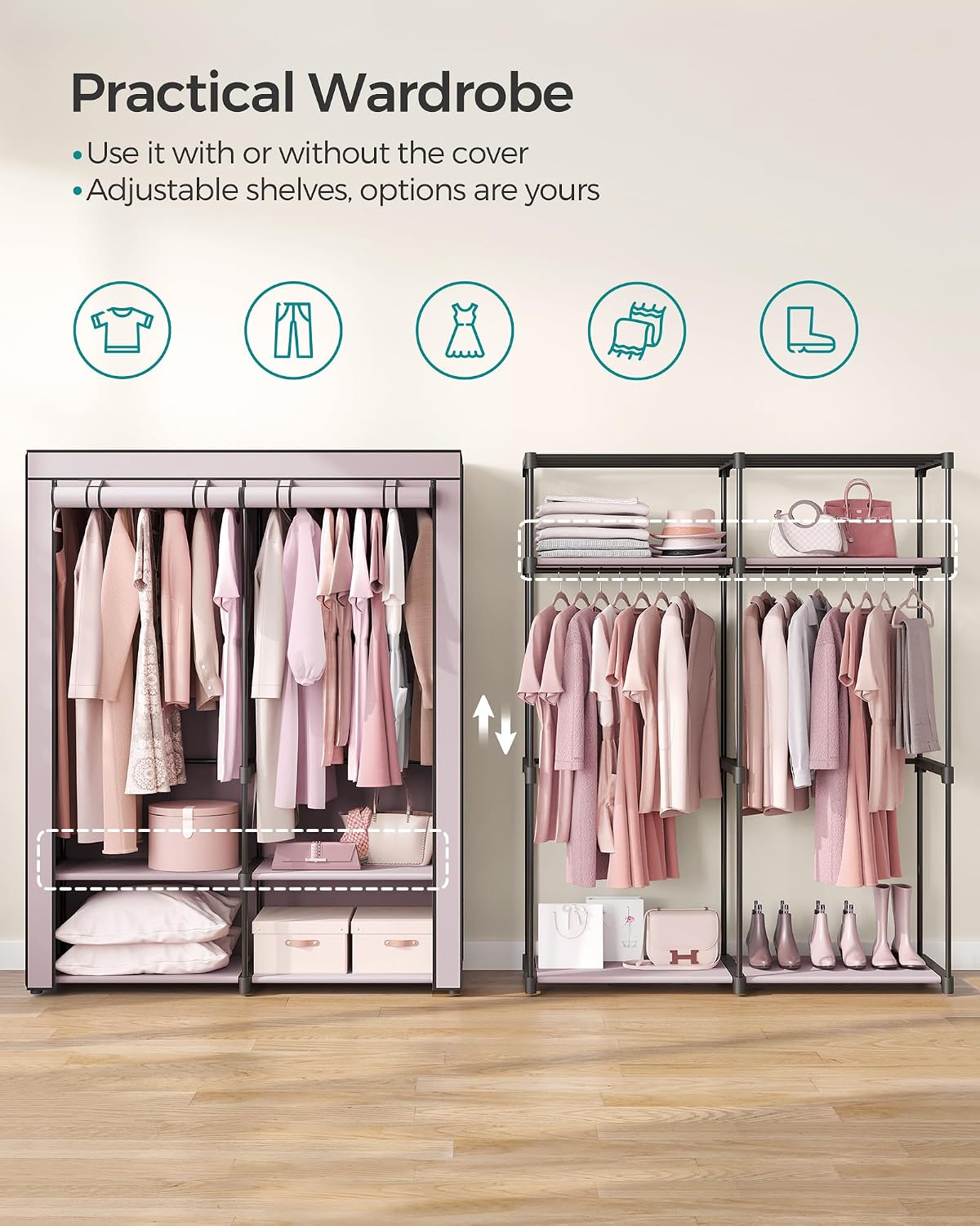 Detalle de SONGMICS RYG002P02 Portable Fabric Wardrobe, 140 x 43 x 174 cm, Lavender Violet