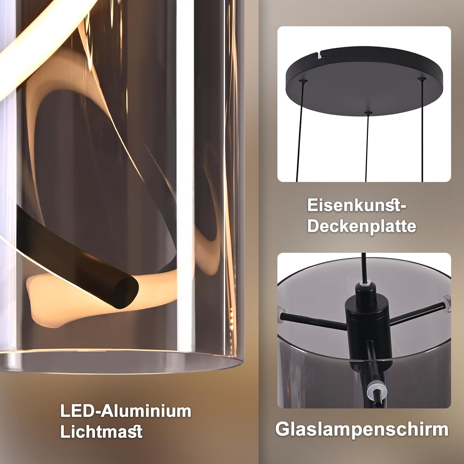 Detalle de Laittiin LED Pendelleuchte Esstisch – Vintage-Glas-Hängeleuchte, 3-flammig, 33W, Rauchgrau, höhenverstellbar