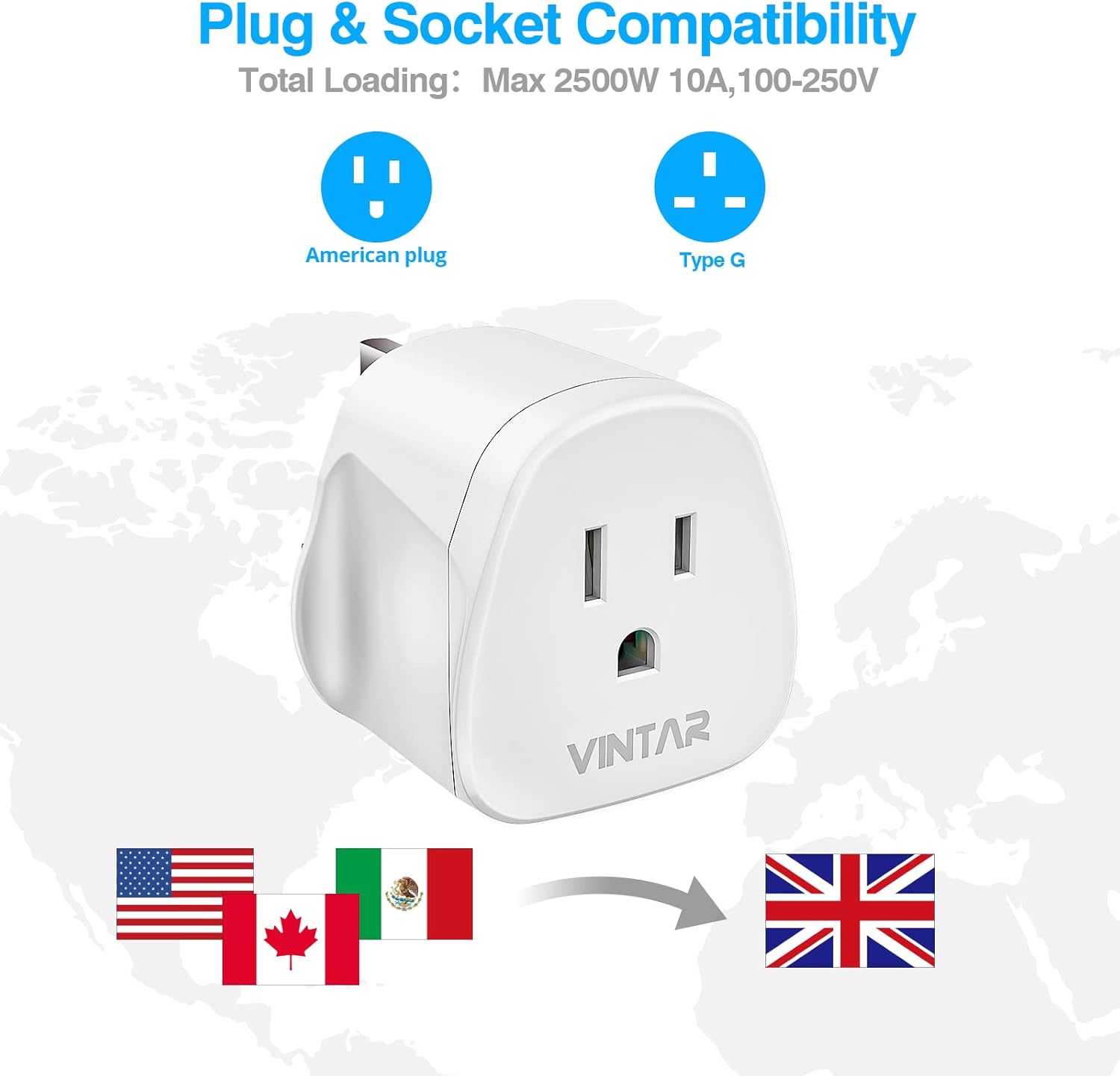 Thumbnail 1 de VINTAR US to UK Plug Adapter with 10A Fuse (Type A/B to Type G) – 1 Pack