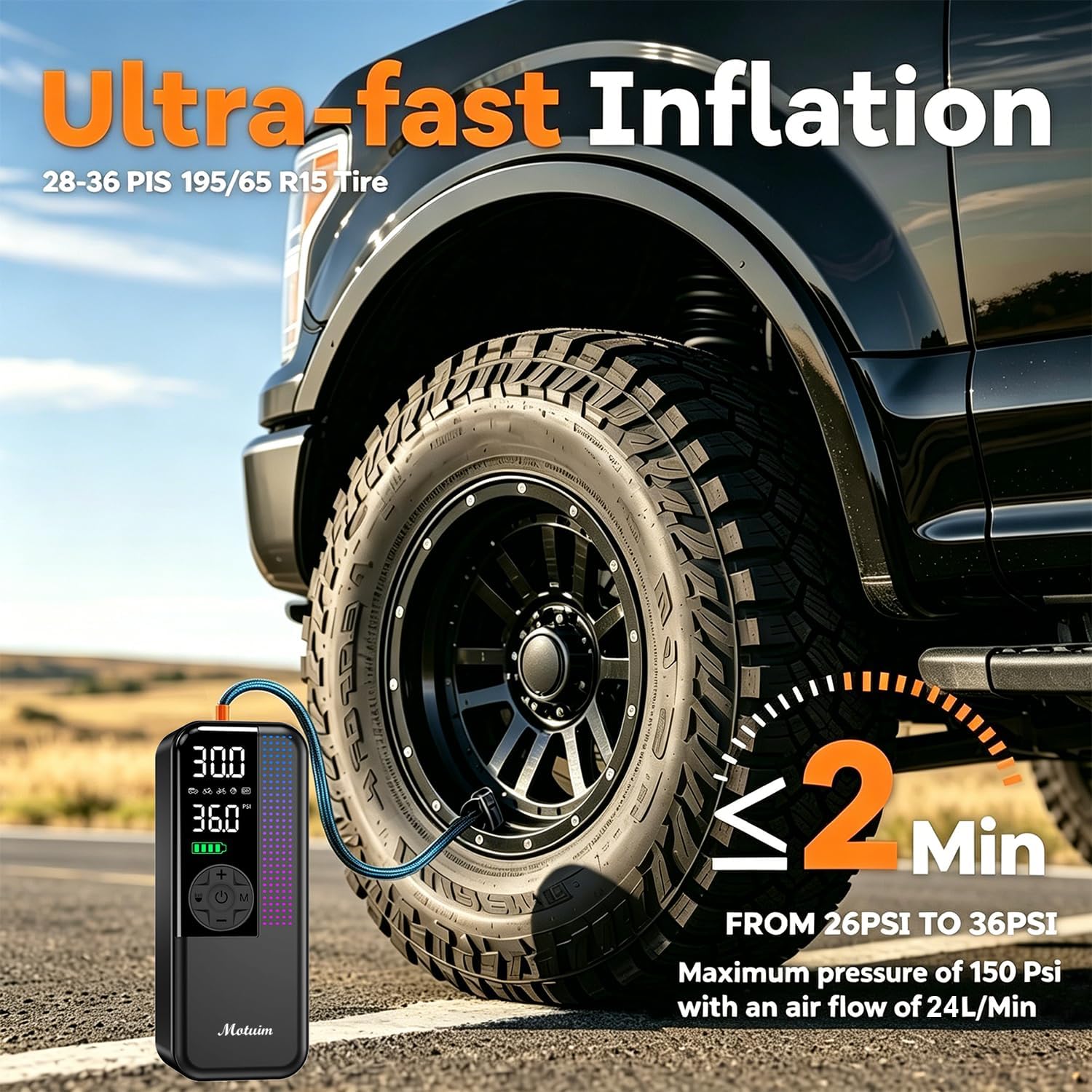 Thumbnail 1 de Motuim Cordless Car Tyre Inflator Air Compressor, 150 PSI – Portable Rechargeable Tyre Pump