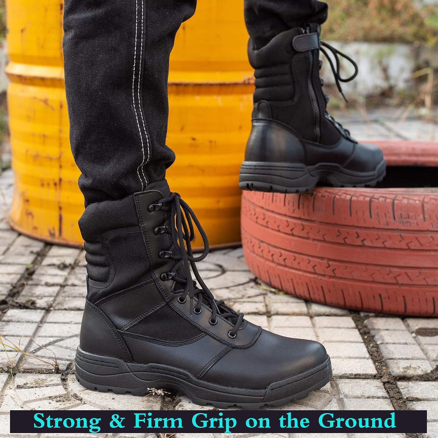 Detalle de RIELD Men's Tactical Work Boots with Side Zipper, 9-Inch Design