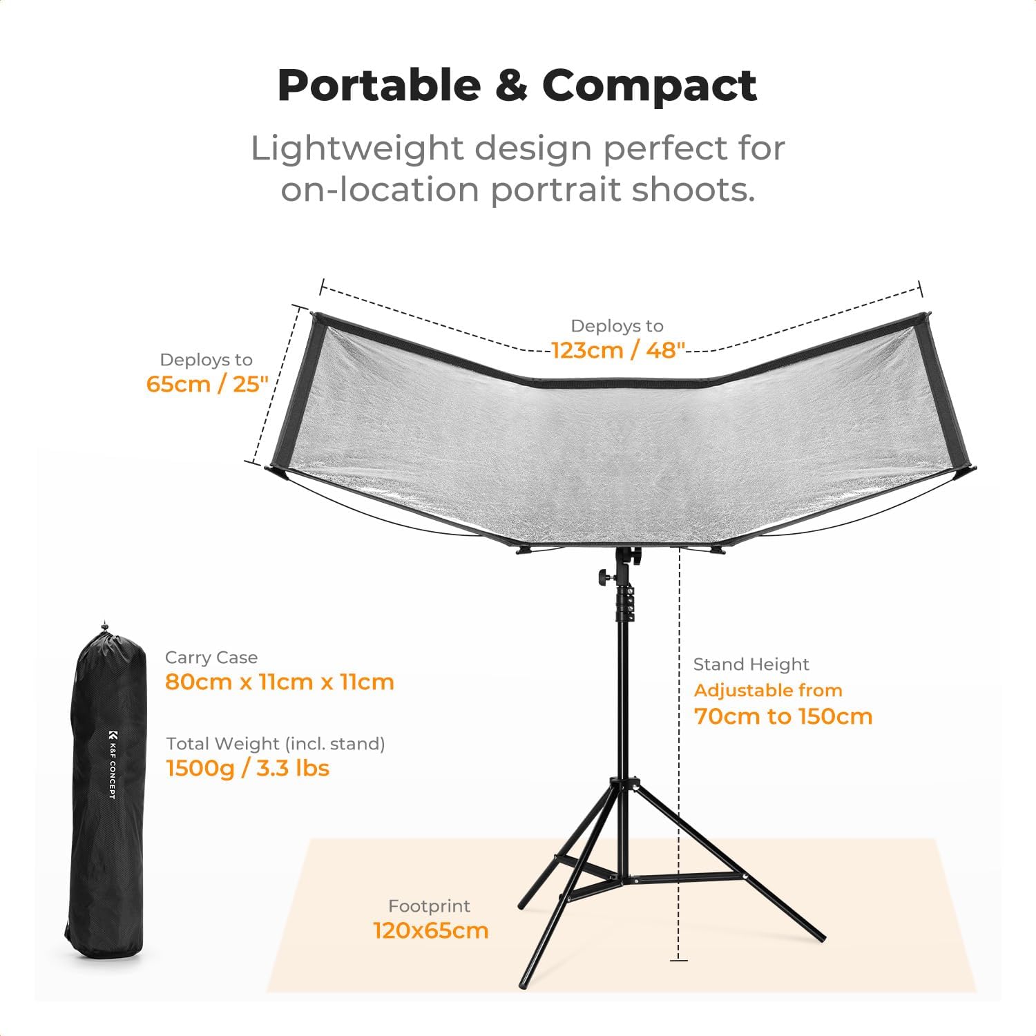 Thumbnail 3 de K&F Concept Clamshell Light Reflector Diffuser 120×65cm – Portable Studio Kit