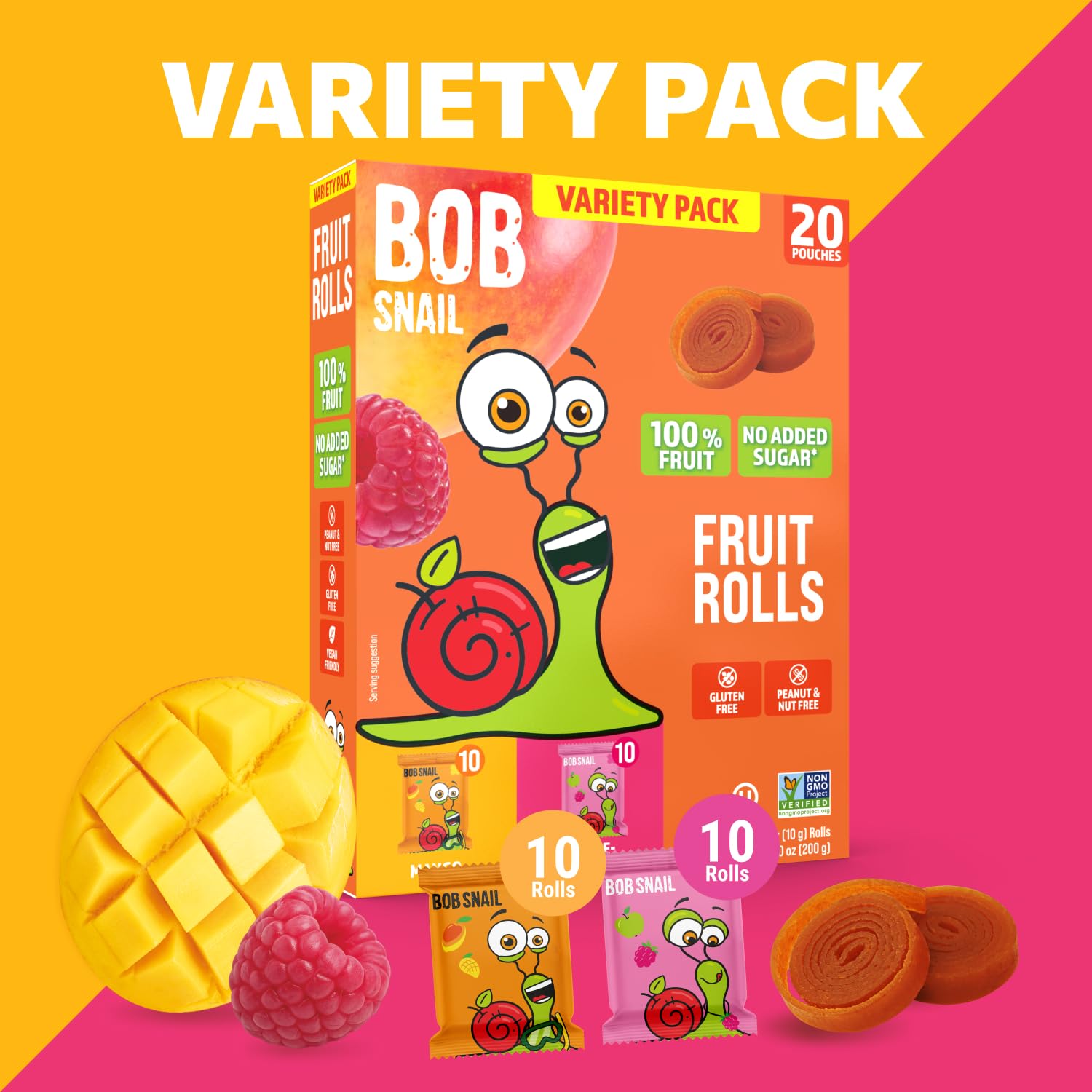 Detalle de Bob Snail Fruit Roll Ups, 20-Pack Mango and Raspberry Snacks, 7 oz