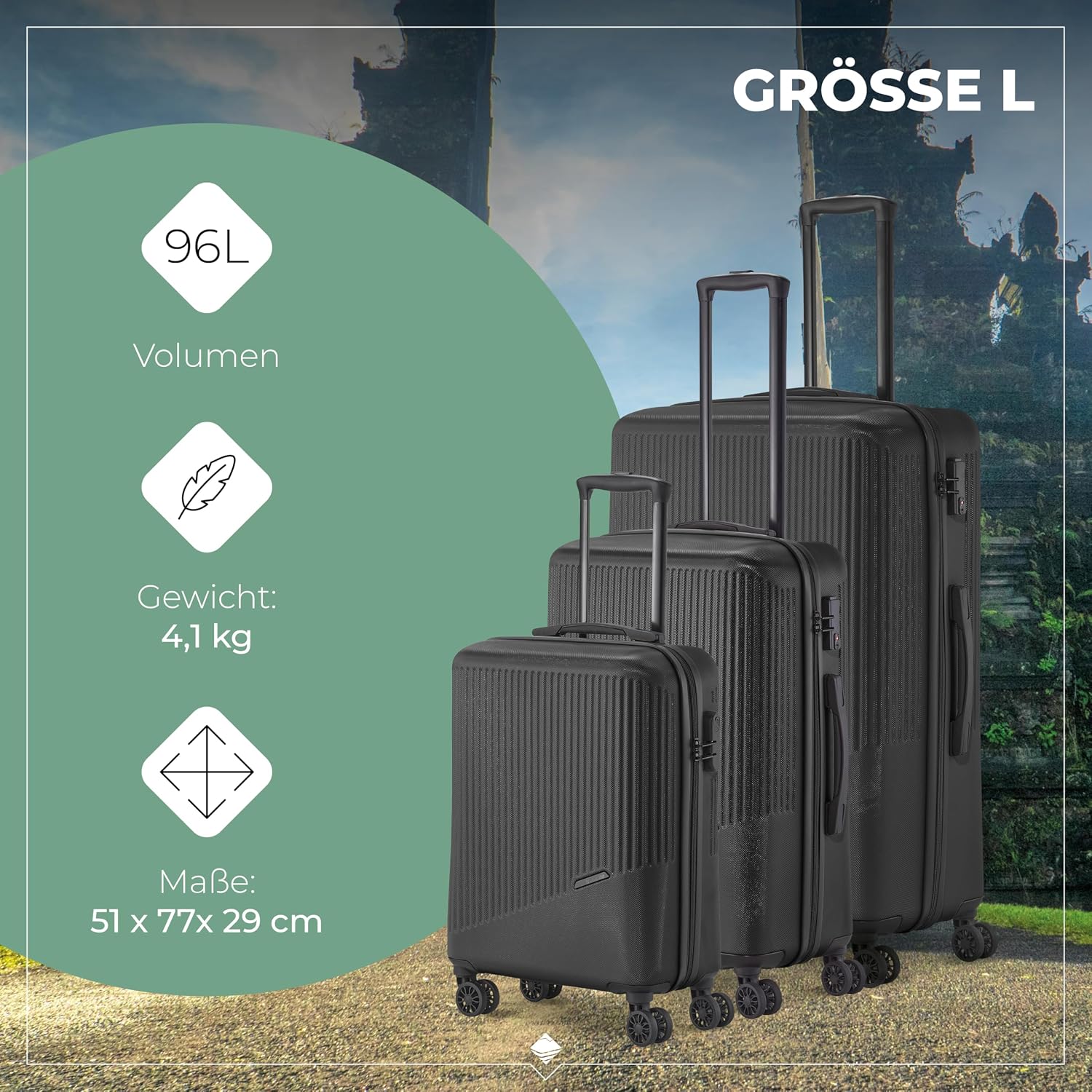 Detalle de Travelite 4-Rad Koffer Set 3-teilig Bali: Hartschale, TSA/Combination Lock, ABS