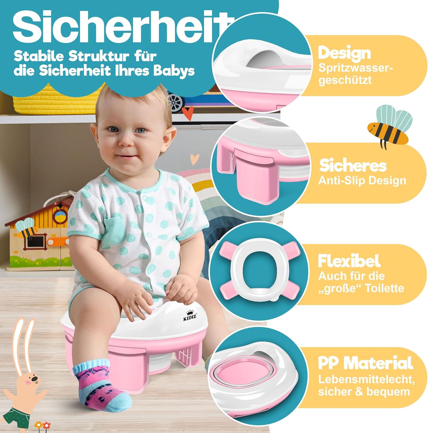 Detalle de KIDIZ® Toilettensitz Kinder Töpfchen: 3-in-1 Lernhilfe für unterwegs mit Abfallsack-Option
