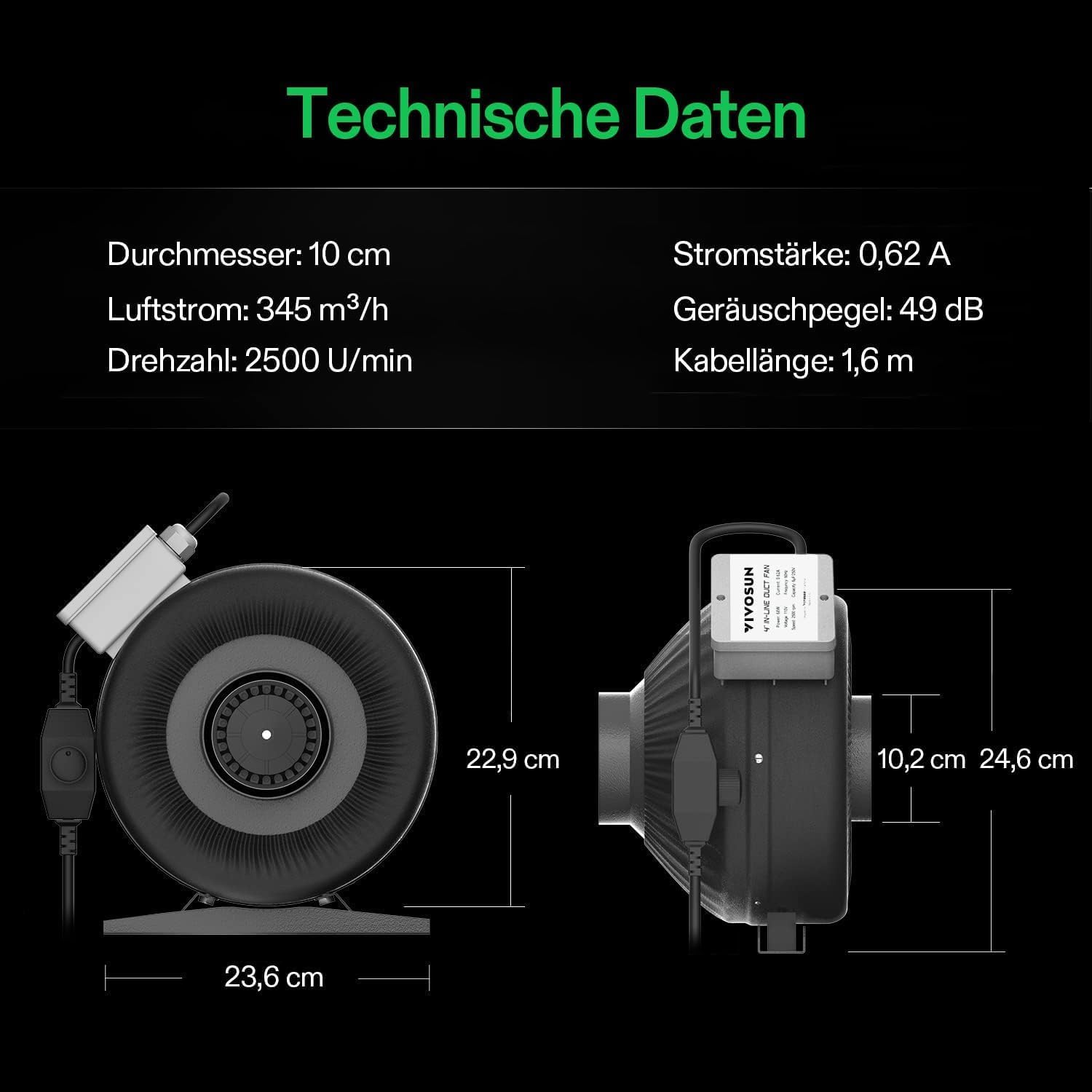 Detalle de VIVOSUN Ventilatore a canale da 100 mm con regolatore di velocità (345 m³/h) per estrazione in grow tent