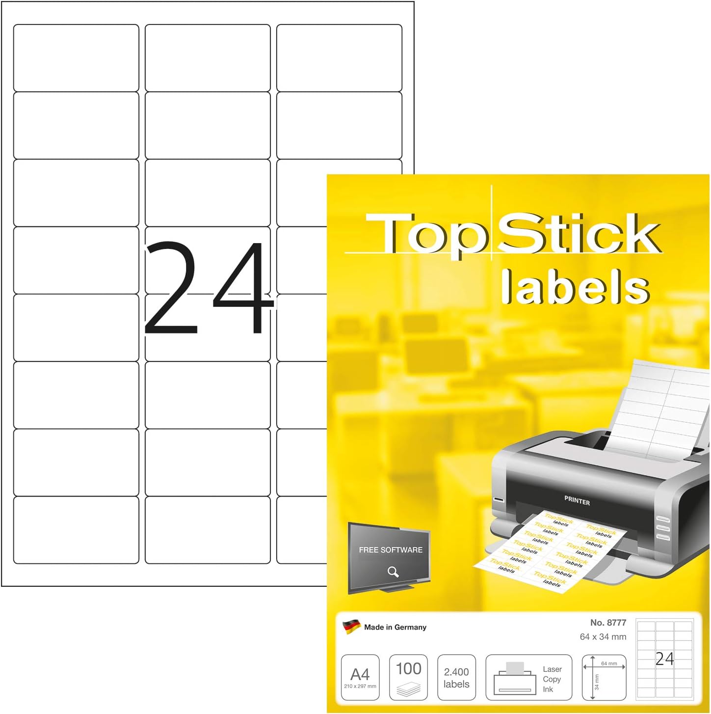 Detalle de TopStick Etichette autoadesive A4 64 x 34 mm, 2400 etichette in 100 fogli per stampanti laser e inkjet