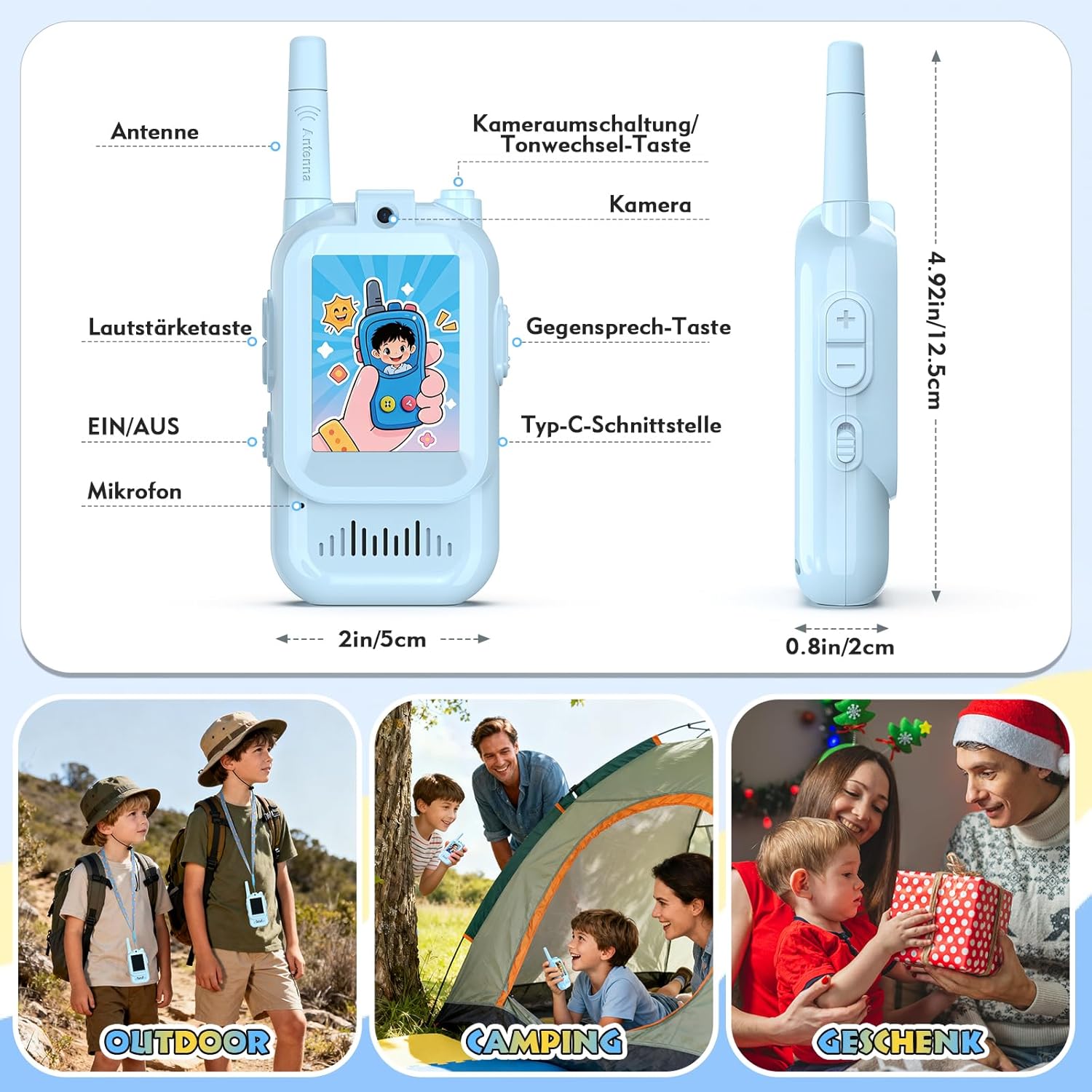 Thumbnail 6 de Kinder-Walkie-Talkies mit Video, 2er-Set (3–12 Jahre) – bis zu 5 km Reichweite, blau