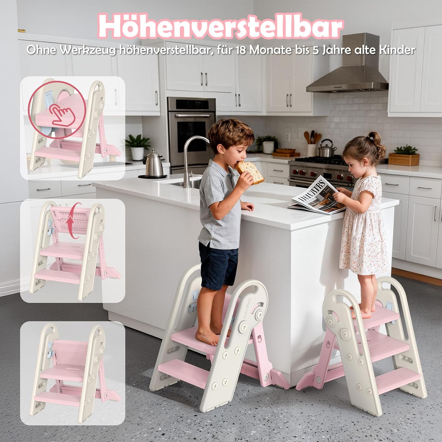 Detalle 2 de Onasti Tritthocker Kinder – Höhenverstellbar, 3 Stufen, klappbar, Anti-Kipp, Rosa