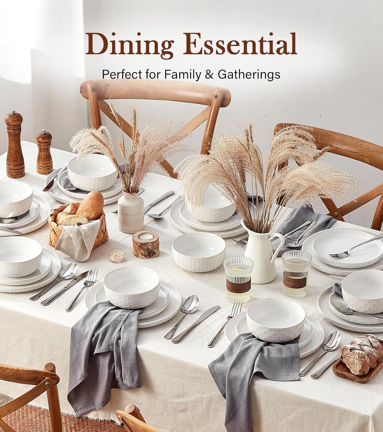 Thumbnail 4 de 24 Piece Dinnerware Sets for 8 - Farmhouse Stoneware with Embossed Boho Design in Vintage White