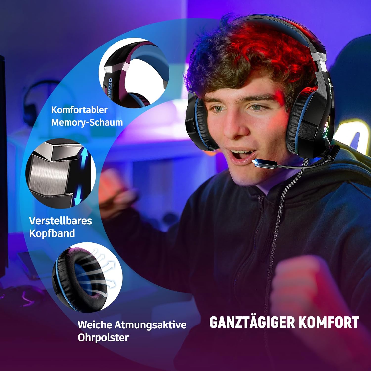 Thumbnail 4 de Ozeino Gaming-Headset für Xbox, PS4/PS5 & PC: 3,5-mm Headset mit Mikrofon, Noise Cancelling und RGB