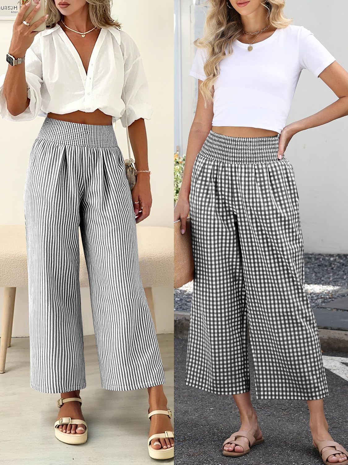 Thumbnail 5 de ANRABESS Striped Gingham Palazzo Pants with Smocked High-Waisted Cropped Design
