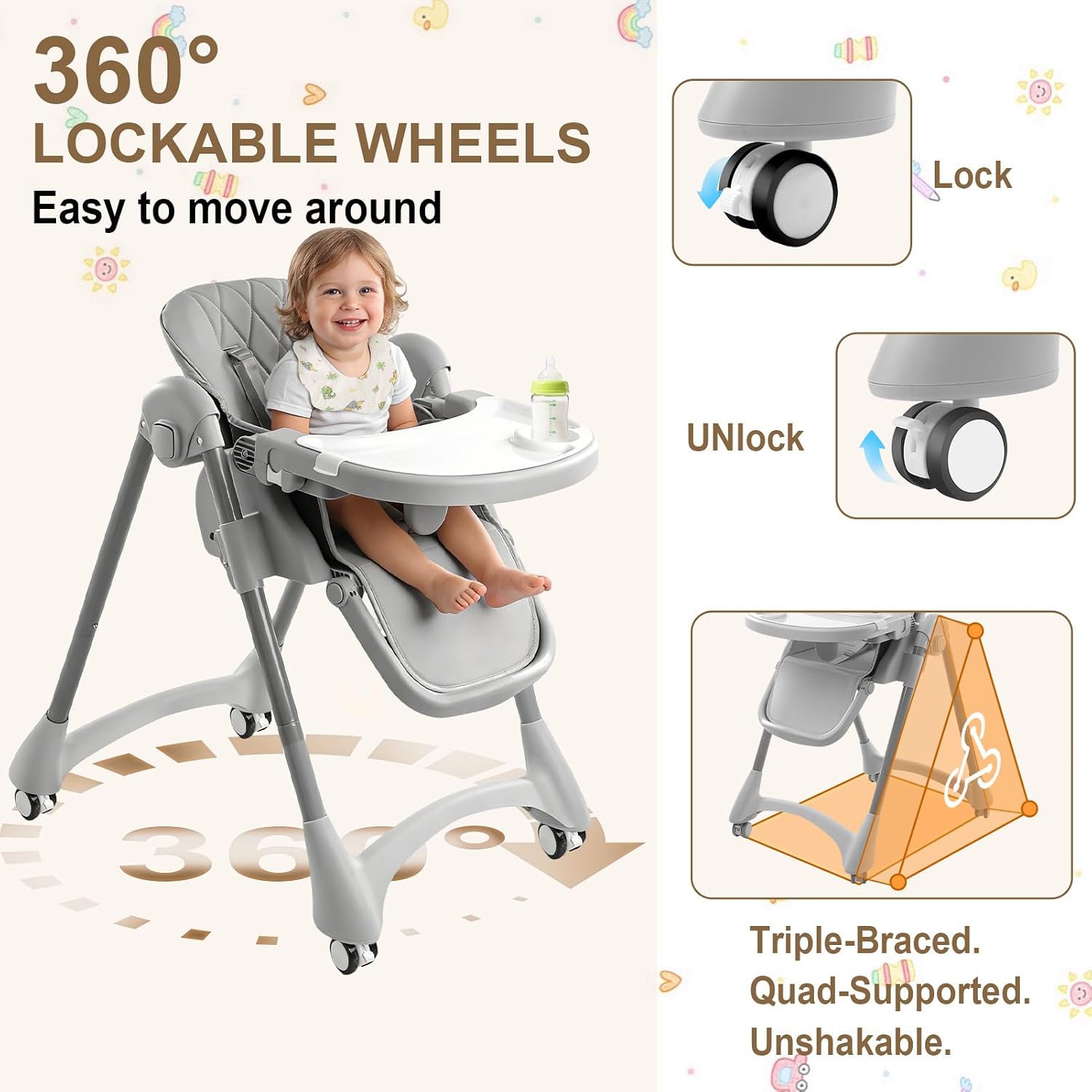 Thumbnail 3 de zebrater Convertible High Chair with Wheels, 7 Heights and 4-Position Recline