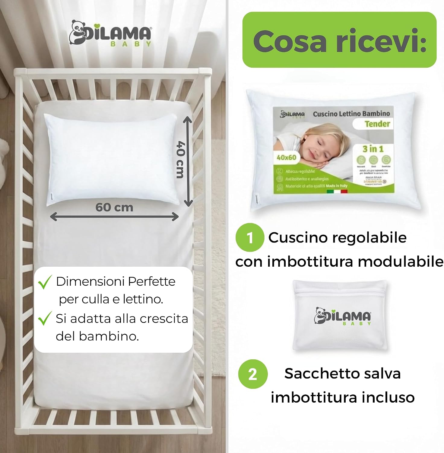 Thumbnail 6 de Dilamababy Cuscino Lettino Bambino 40x60 Regolabile in Altezza – 100% Made in Italy