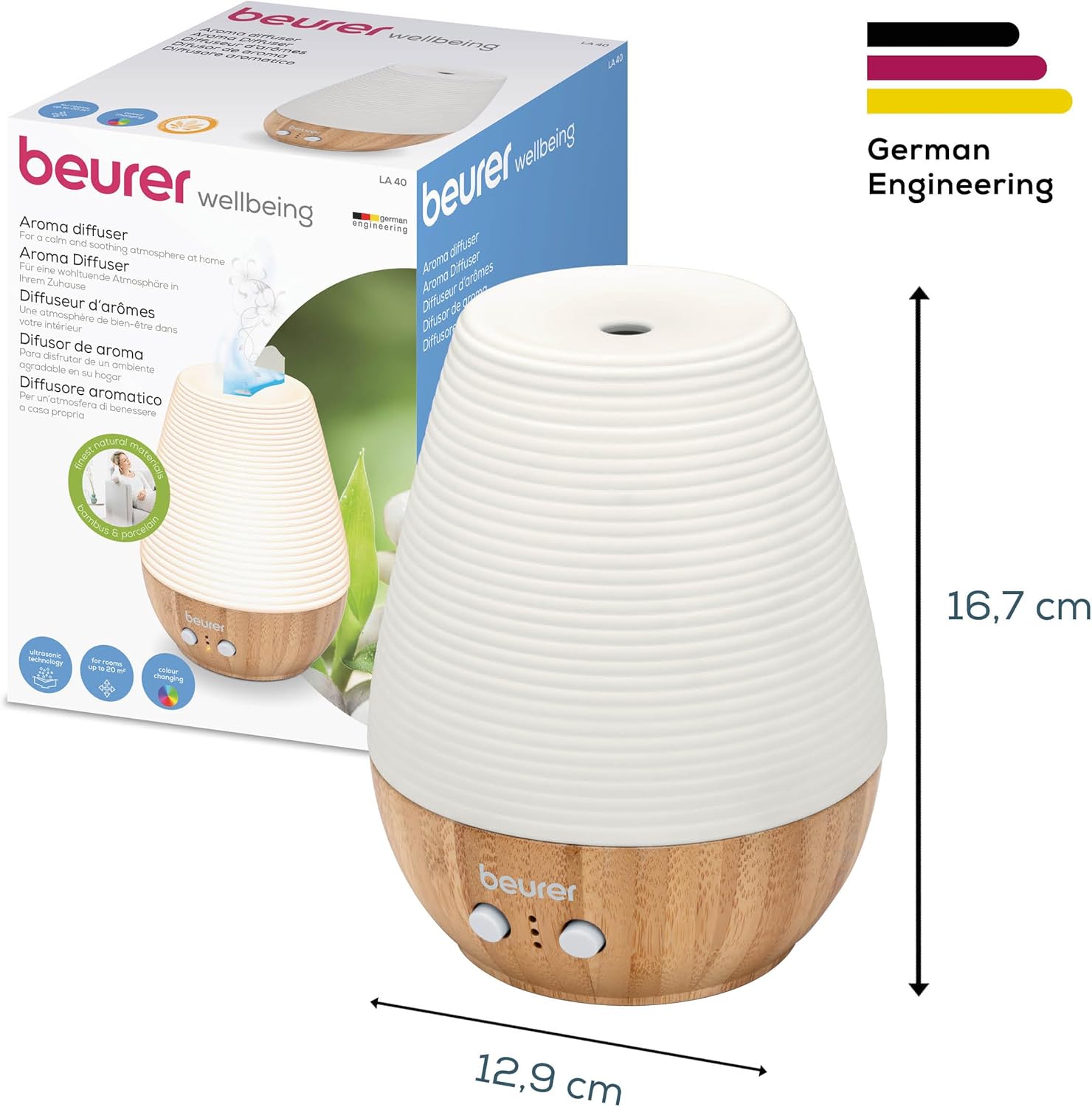 Detalle de Beurer LA 40: diffusore aromatico ultrasuoni con LED colorato in bambù e porcellana