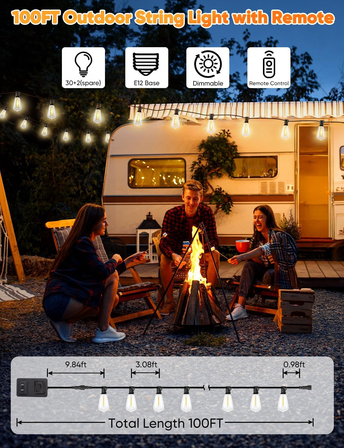 Thumbnail 4 de Brightever 100FT Outdoor LED String Lights, 24V Dimmable ST38 Bulbs