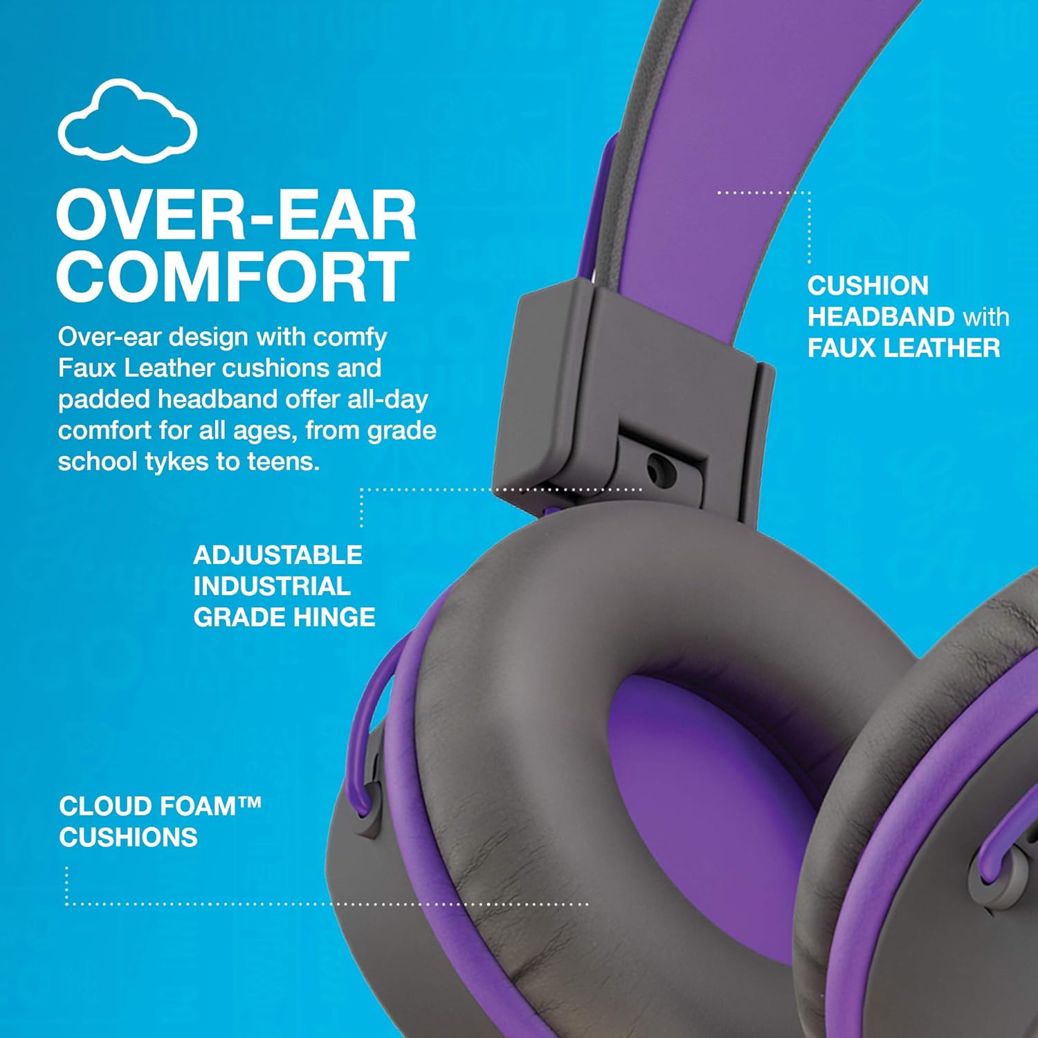 Thumbnail 4 de JLab JBuddies Studio – Casque filaire on-ear pour enfants avec micro et limiteur de volume (Graphite/Violet)