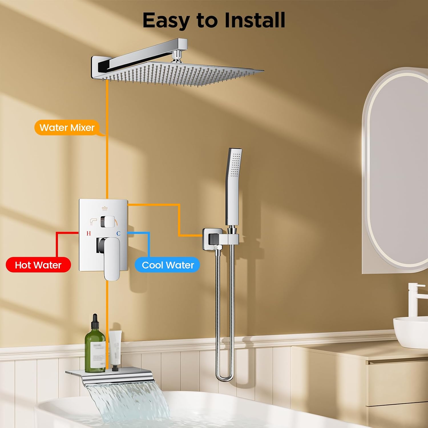 Detalle 1 de HotQing Shower System with Tub Spout, 12-Inch Rain Head and Handheld Spray