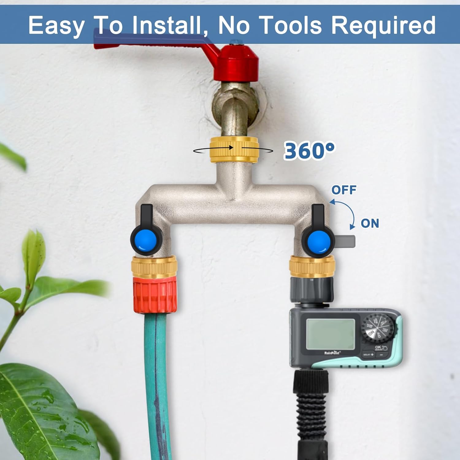 Thumbnail 3 de OPERMAXER 2-Wege Wasserhahn Wasserverteiler aus Messing für 2 Geräte/Gartenschläuche (3/4" auf 1/2" Adapter, Kugelhähne)