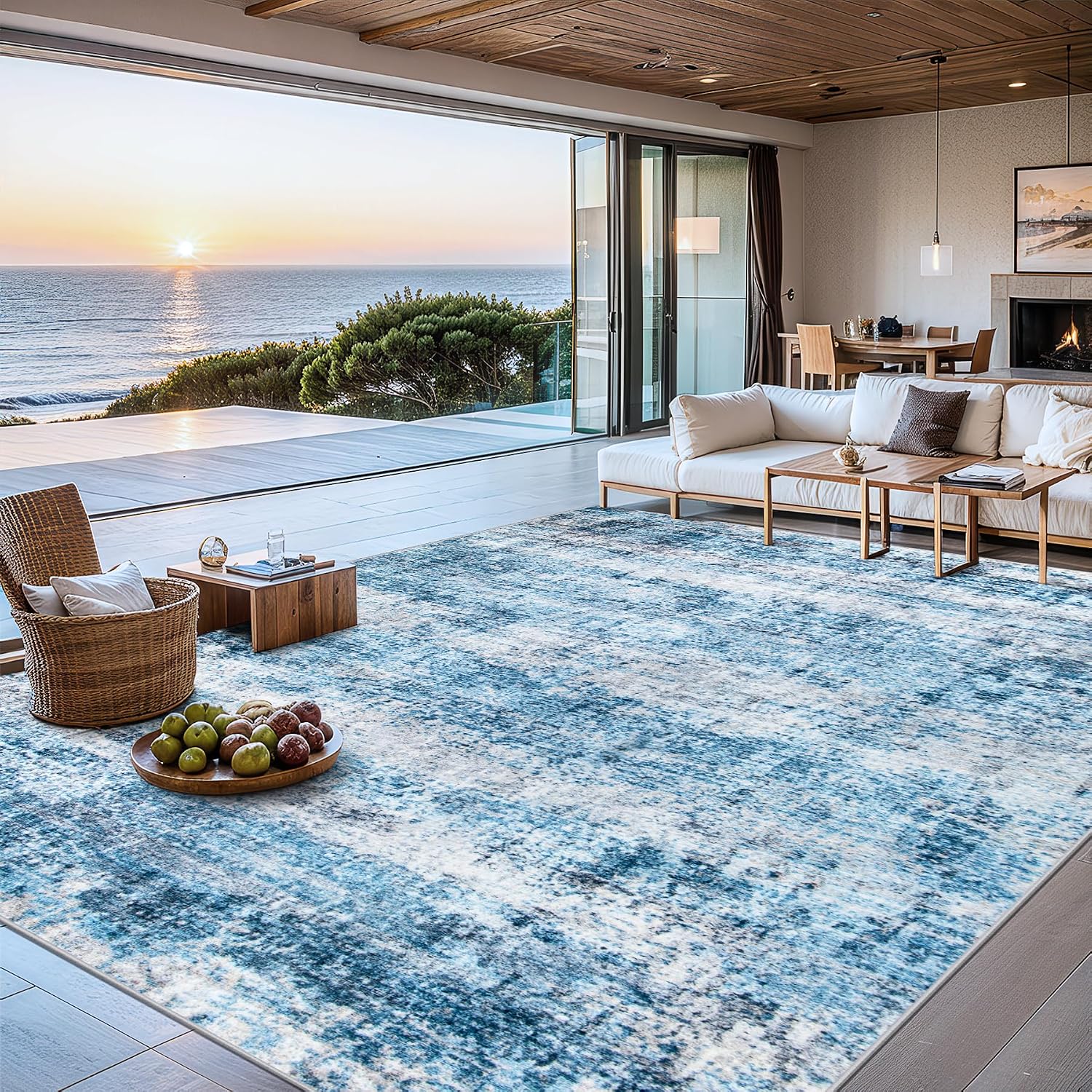 Detalle de PLHXFR 8x10 Area Rug, Blue Modern Abstract Washable Polyester Carpet