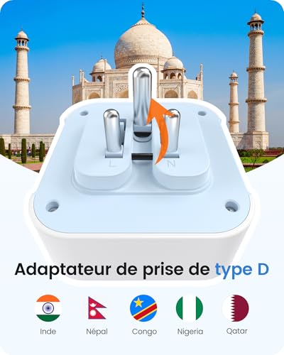 Detalle 2 de LENCENT adaptateur de voyage 6-en-1 pliable, prise type D, 2 USB-C et 2 USB-A