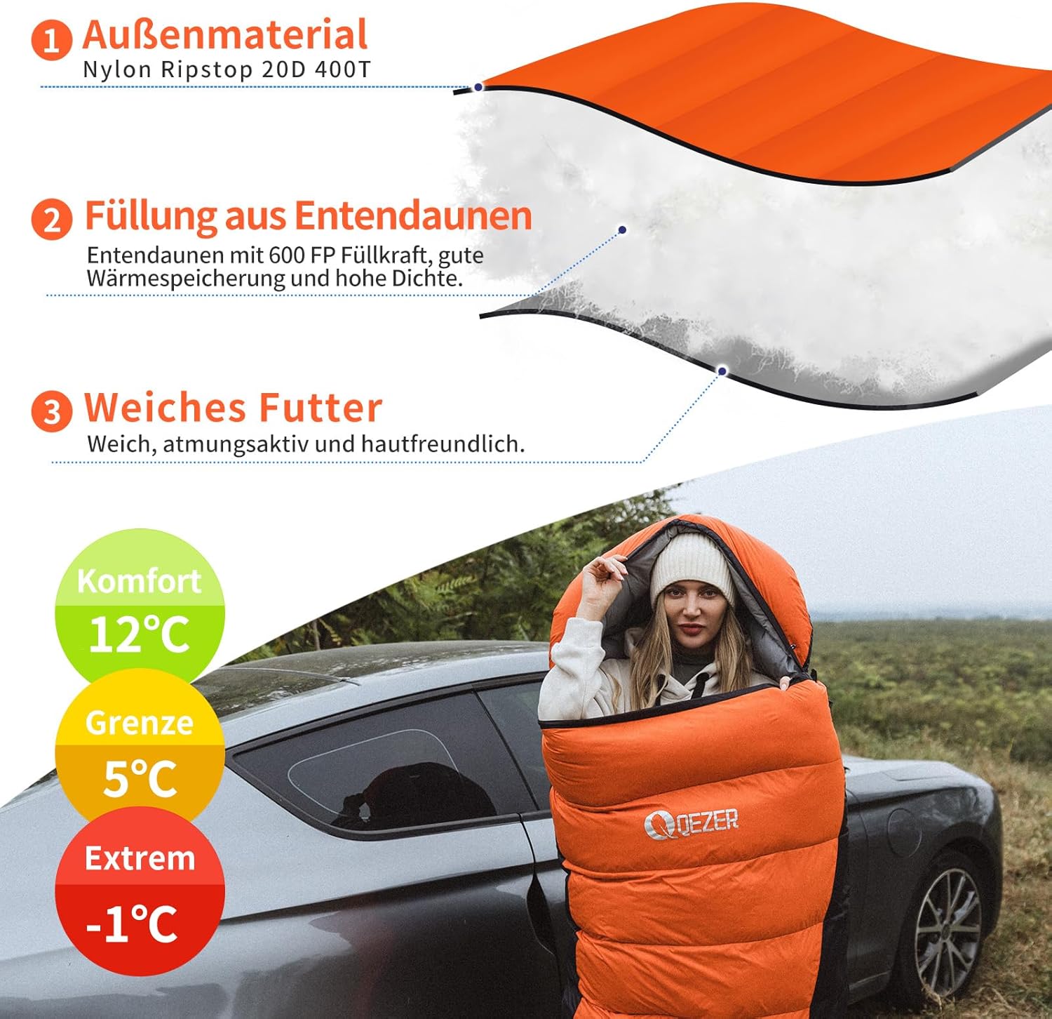 Thumbnail 2 de QEZER Daunenschlafsack – Premium 600FP+ Daunen, 12°C bis -24°C, leicht & kompakt (216 x 80 x 71 cm)