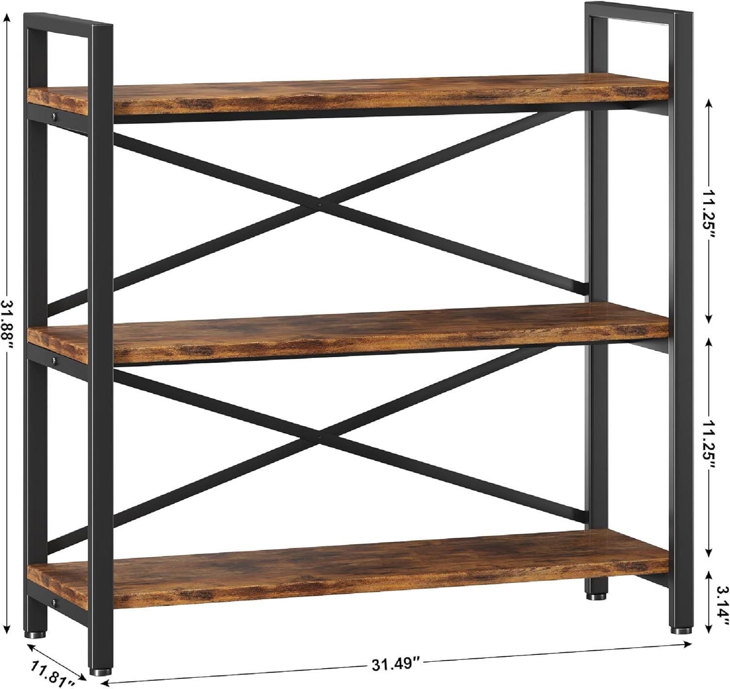 Thumbnail 2 de 3-Tier Bookshelf 31.49" Width Wood & Metal Etagere Bookcase (Rustic Brown) — 3-tier storage rack