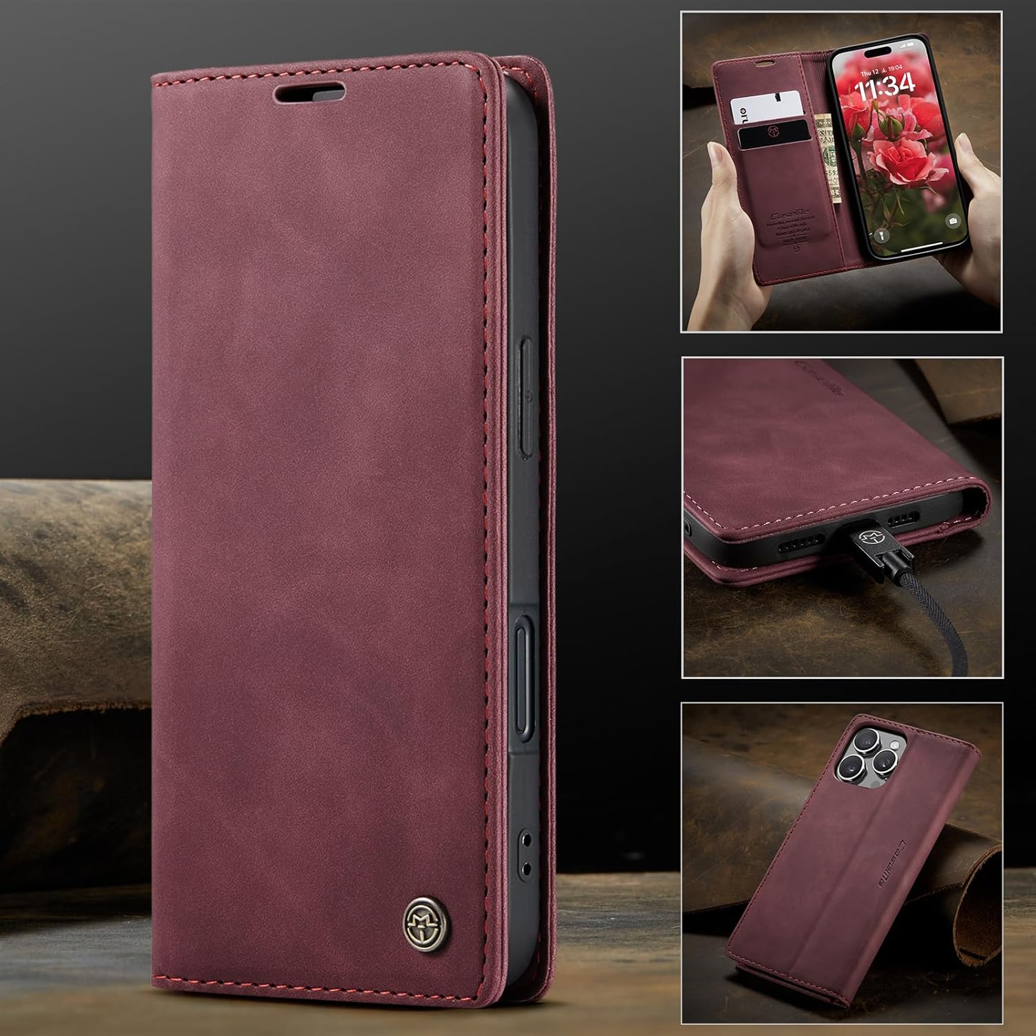 Thumbnail 4 de Monweicz Premium Leder Flip Case für iPhone 16 Pro Max – Weinrot