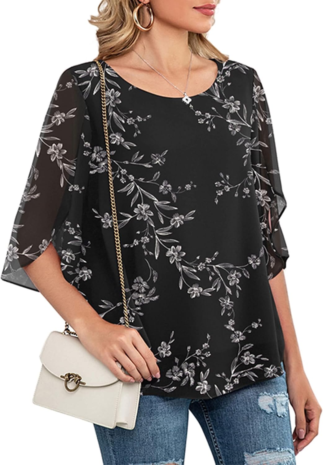 Detalle de Neineiwu Chiffon Tunika Loose Fit 3/4-Ärmel