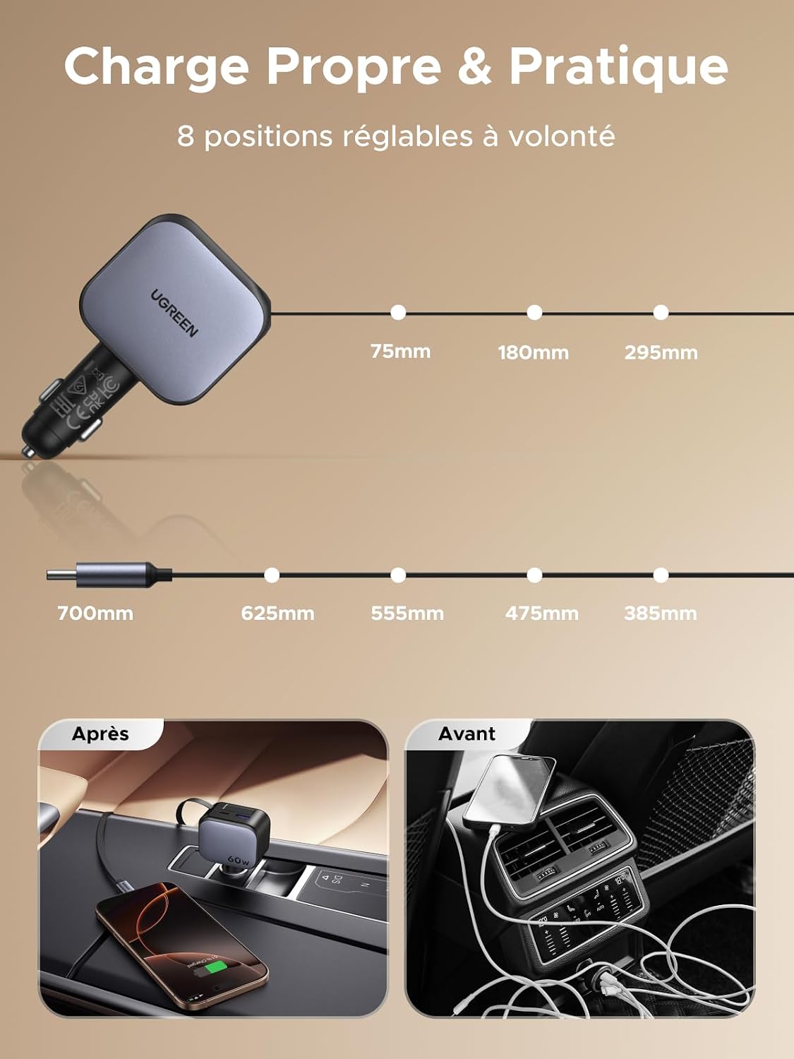 Thumbnail 6 de UGREEN Nexode 60W Chargeur Allume Cigare USB-C Rétractable — Charge rapide pour voiture