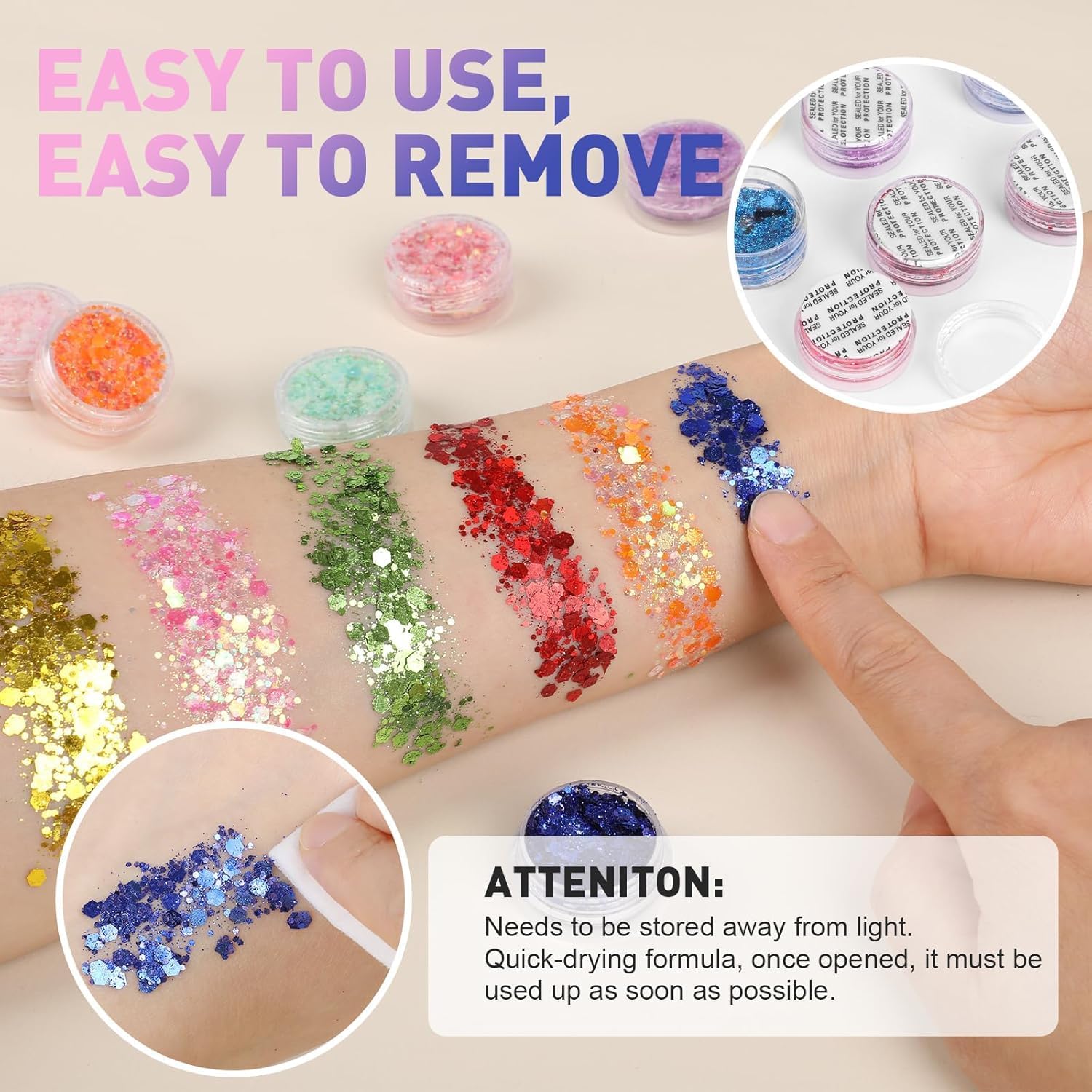 Detalle de AROIC 40 Colors Body Glitter Gel, Holographic and Glow-in-the-Dark Shades