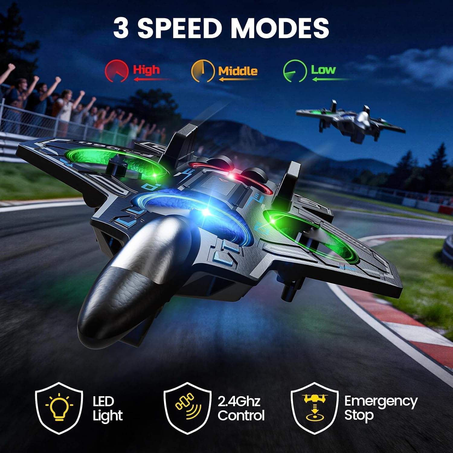 Detalle 2 de RCGEAST F12 Remote-Control Foam Fighter Jet Airplane with LED Lights and Stunts