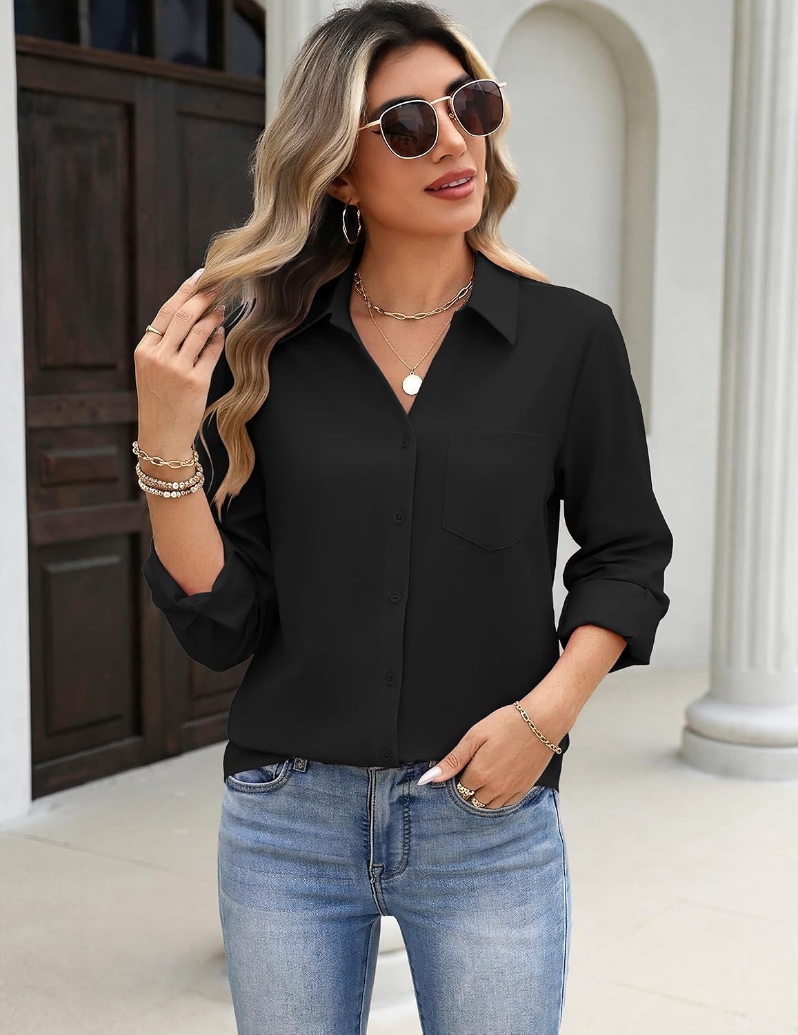Detalle 1 de Zeagoo Long-Sleeve Button-Down Blouse with 4-Way Stretch Fabric