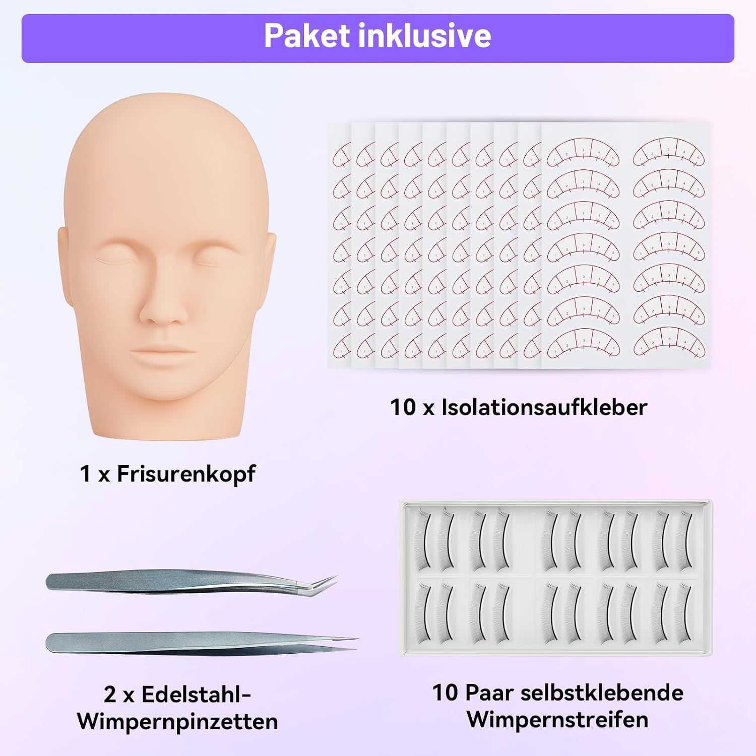 Detalle de TwoWin Wimpernverlängerungs Set mit Übungskopf (Starterset) – inkl. selbstklebender Wimpern und Pinzetten