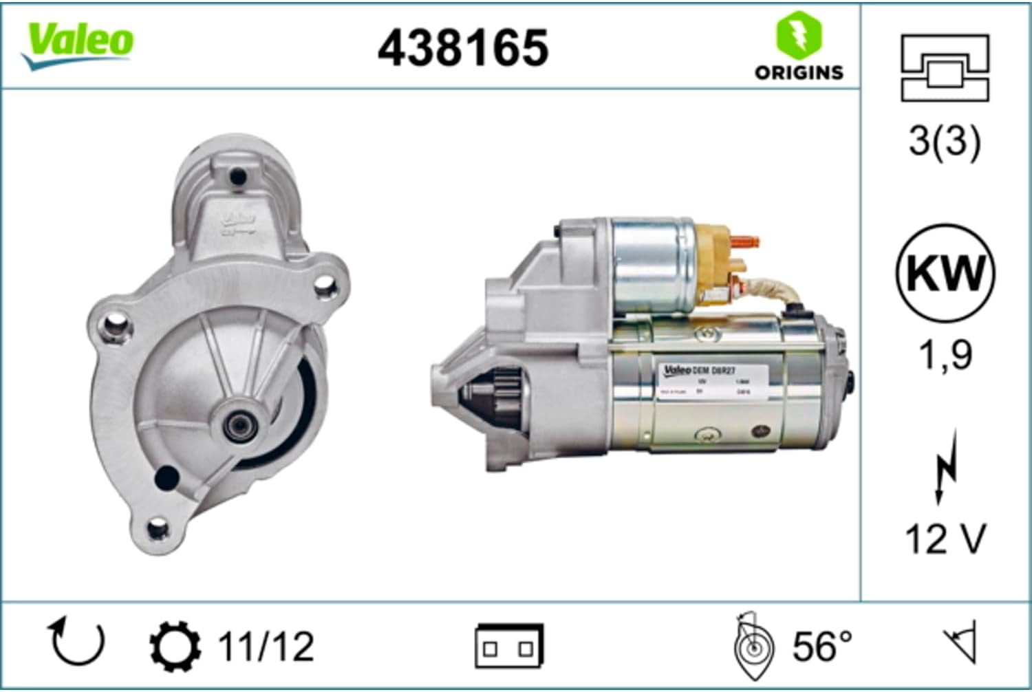 Detalle 2 de VALEO 438165 Démarreur 12 V, 1,9 kW – 11/12 dents, sens horaire