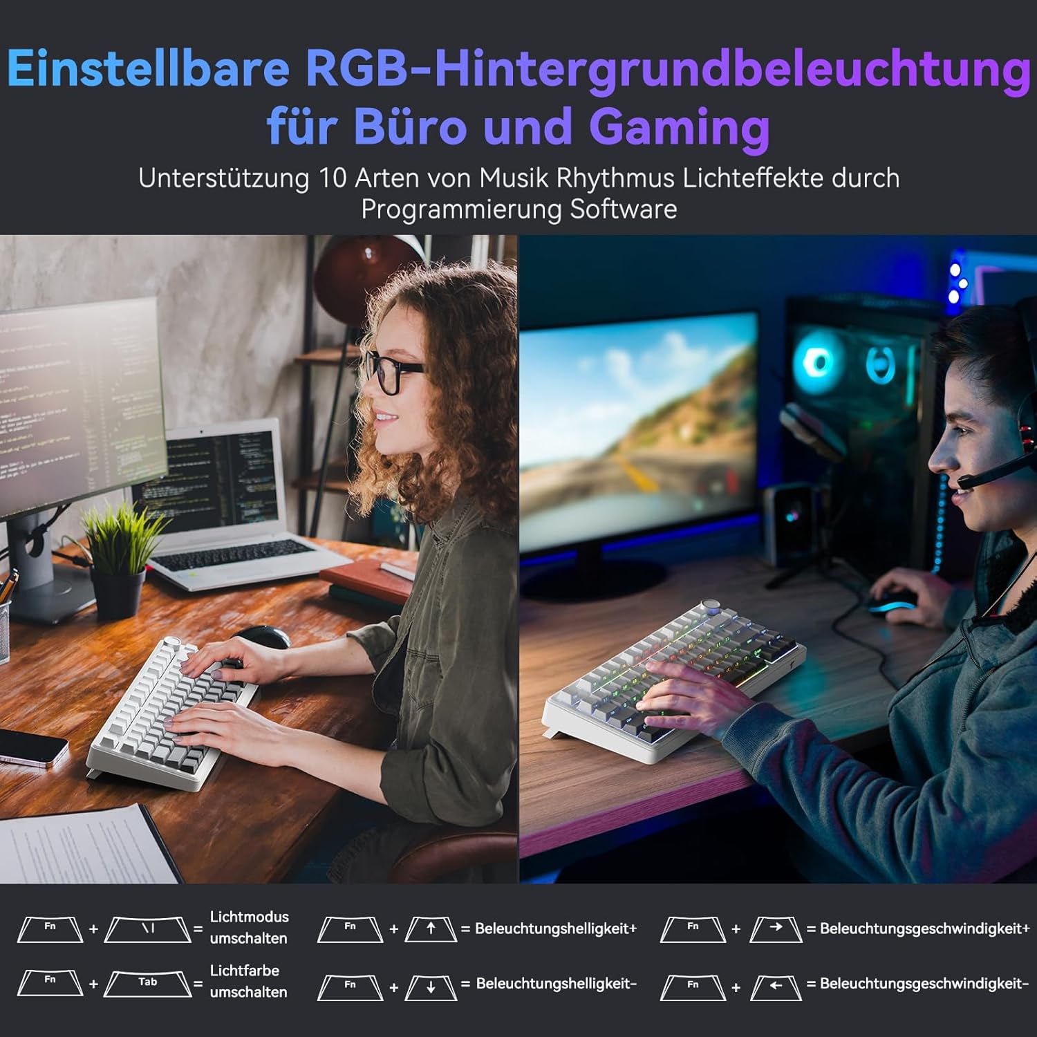 Detalle 2 de TECURS 75% Gaming Tastatur Kabellos mit Hot-Swap, Drehknopf und PBT-Kappen – QWERTZ Gradient Grau