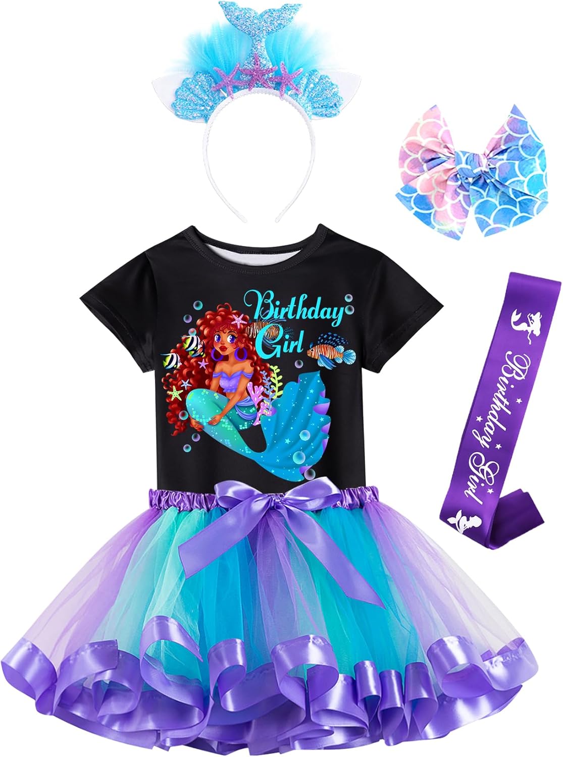 Thumbnail 6 de Doctor Unicorn Girls Mermaid Birthday Outfit Set (Tutu Skirt Dress, T-Shirt, Headband & Satin Sash)