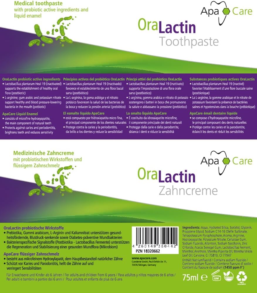 Detalle de Dentifricio rimineralizzante OraLactin con smalto liquido e fluoro – 3x75 ml