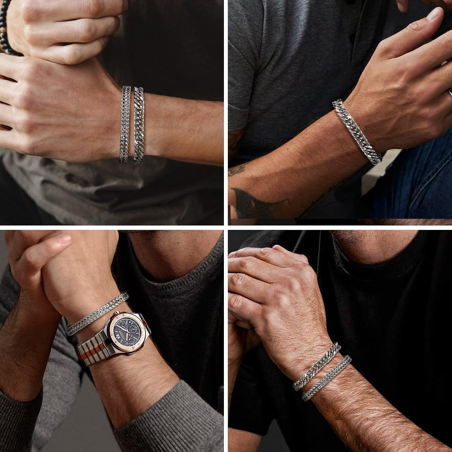 Thumbnail 1 de FLHEART Herren-Armband aus Edelstahl im Panzerketten-Look (2er-Set) – 8 mm Breite, Längen 19/21/23 cm