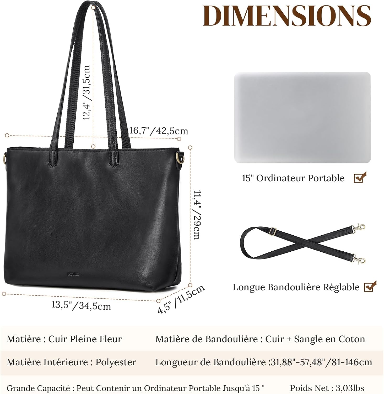 Detalle de S-ZONE Lot de 2 grands sacs fourre-tout en cuir pour femme : organisation élégante et polyvalente