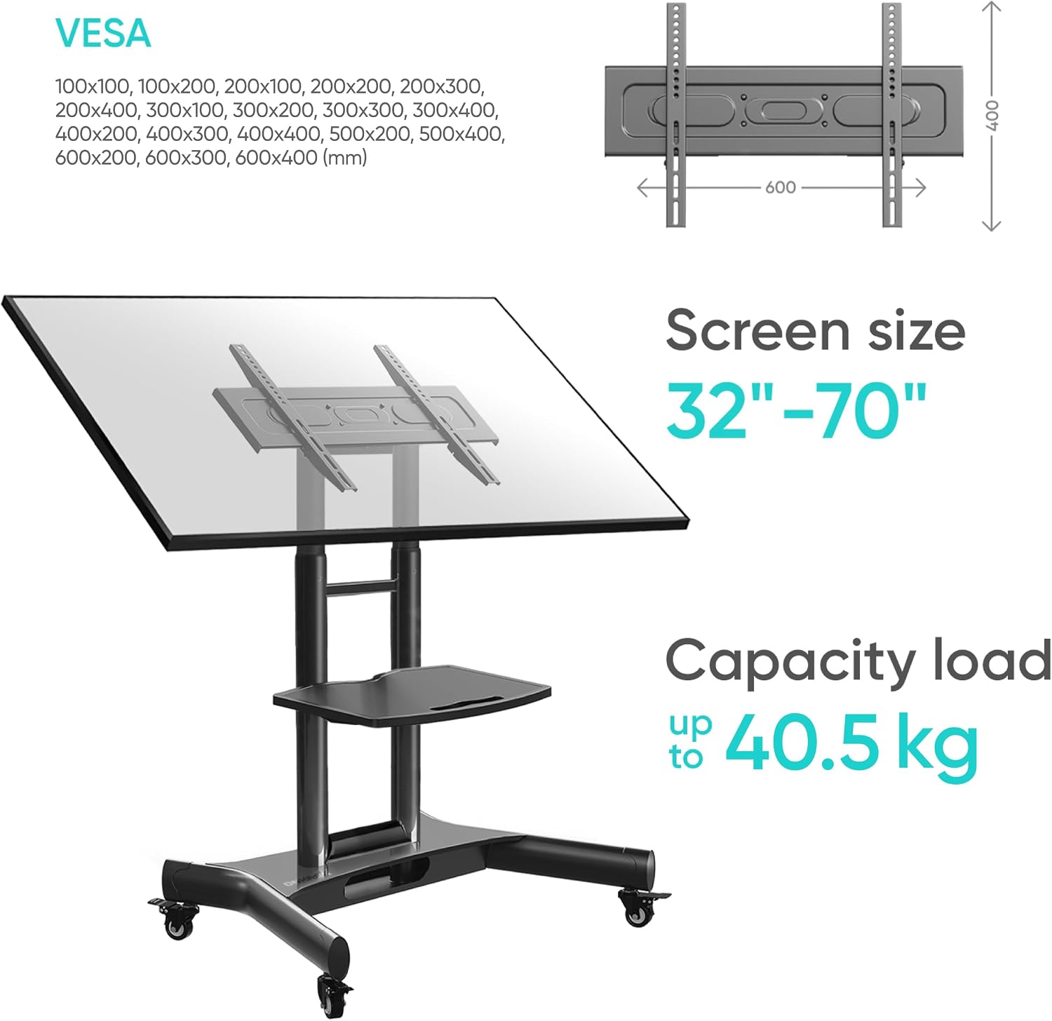 Detalle de ONKRON TS1350-B mobiler TV-Ständer mit Rollen für 32–70 Zoll, höhenverstellbar & neigbar (VESA bis 600×400)