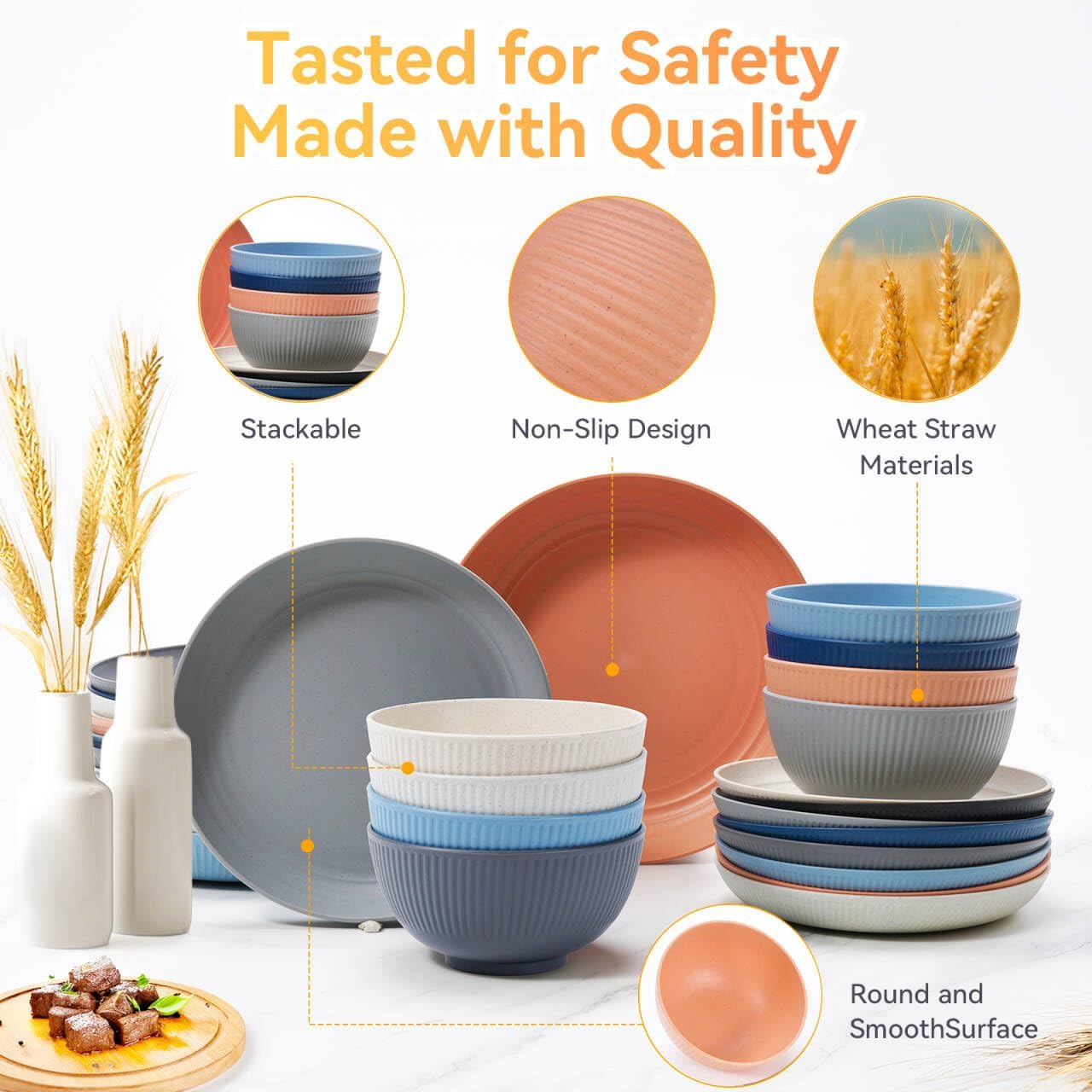 Detalle de Wheat Straw Dinnerware Sets, 64-Piece Seaside Color – Unbreakable, Reusable, Microwave-Safe