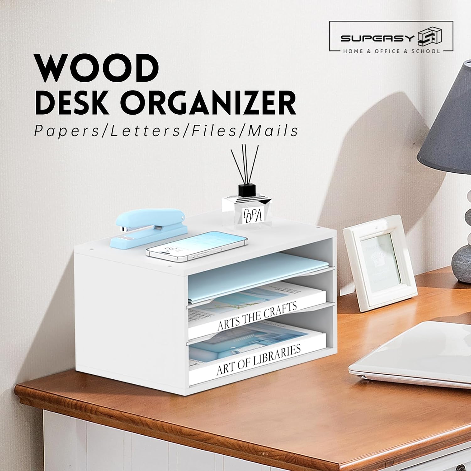 Detalle de SUPEASY 3T-WD Wood Desk Organizer, 3-Tier White Paper Sorter