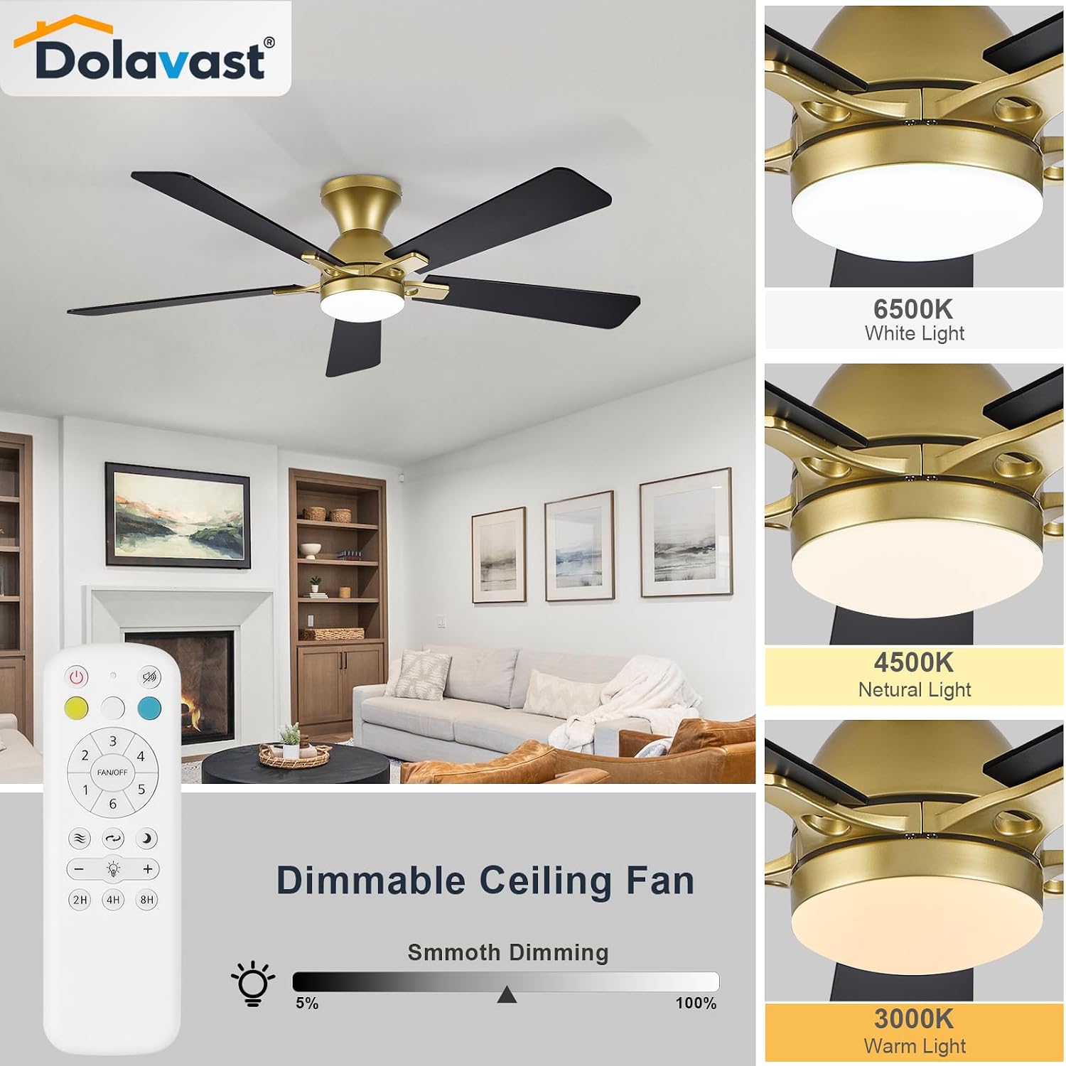 Thumbnail 3 de Dolavast HY-6162-5/52 52-Inch Flush-Mount Ceiling Fan with Light